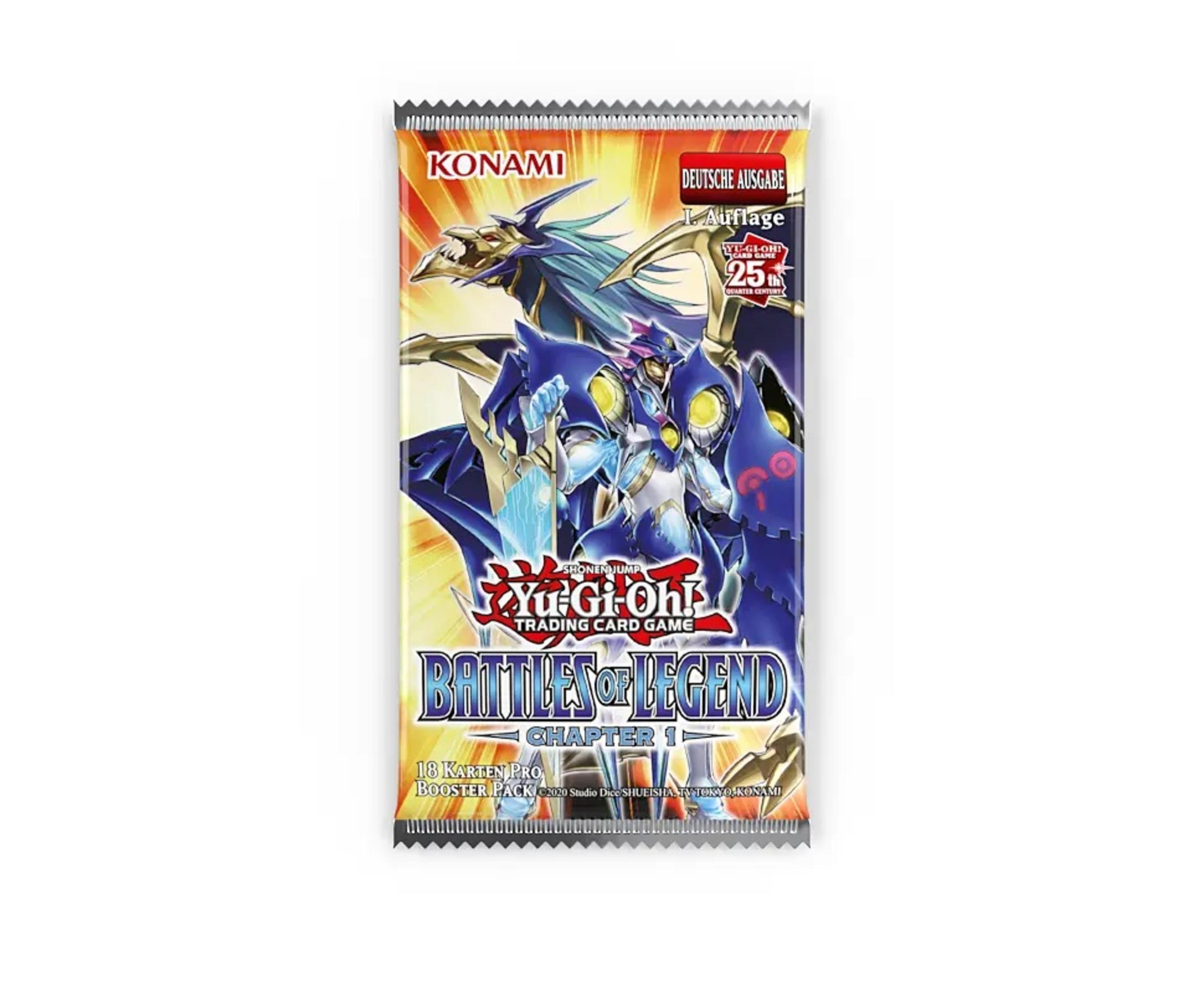Eine Yu-Gi-Oh! Battles of Legend Trading Card Game Packung, mit einem blau-goldenen Monster auf weißem Hintergrund.