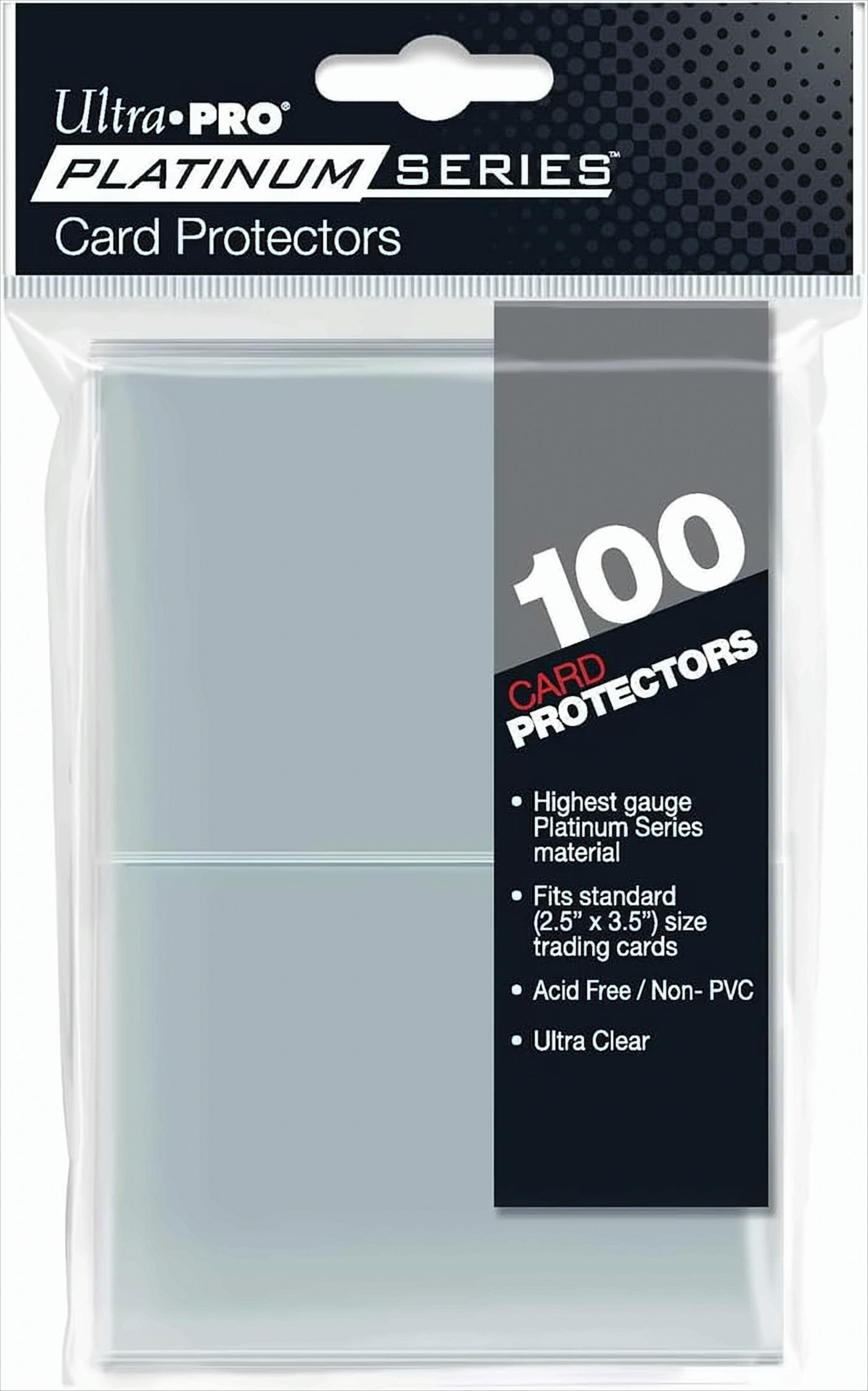 Protezioni per carte in plastica trasparente in confezione. Etichetta con marchio e info. Carte standard.