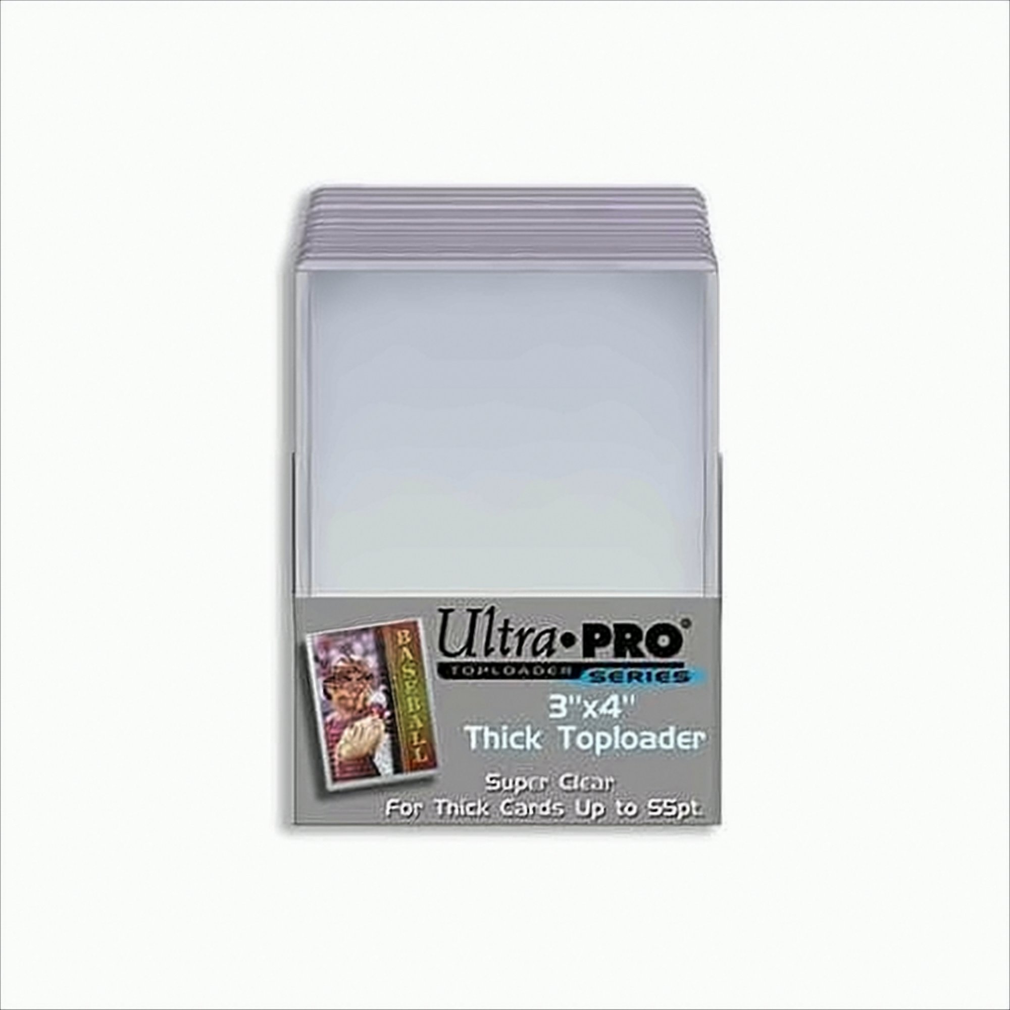 Porta carte in plastica trasparente con carta da baseball e logo 'Ultra Pro' su sfondo bianco.