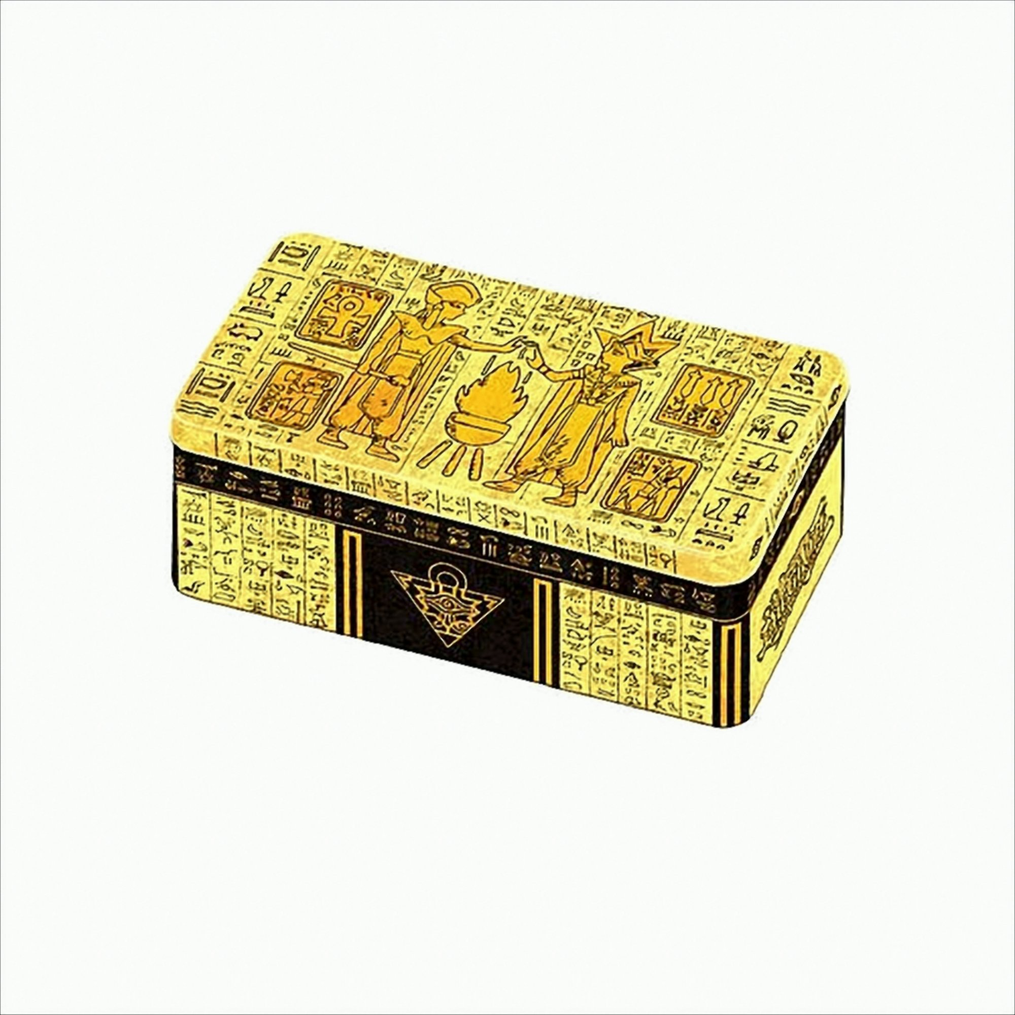 Yu-Gi-Oh! Trading Card Tin mit ägyptischen Hieroglyphen und Figuren, schwarzes Band unten.