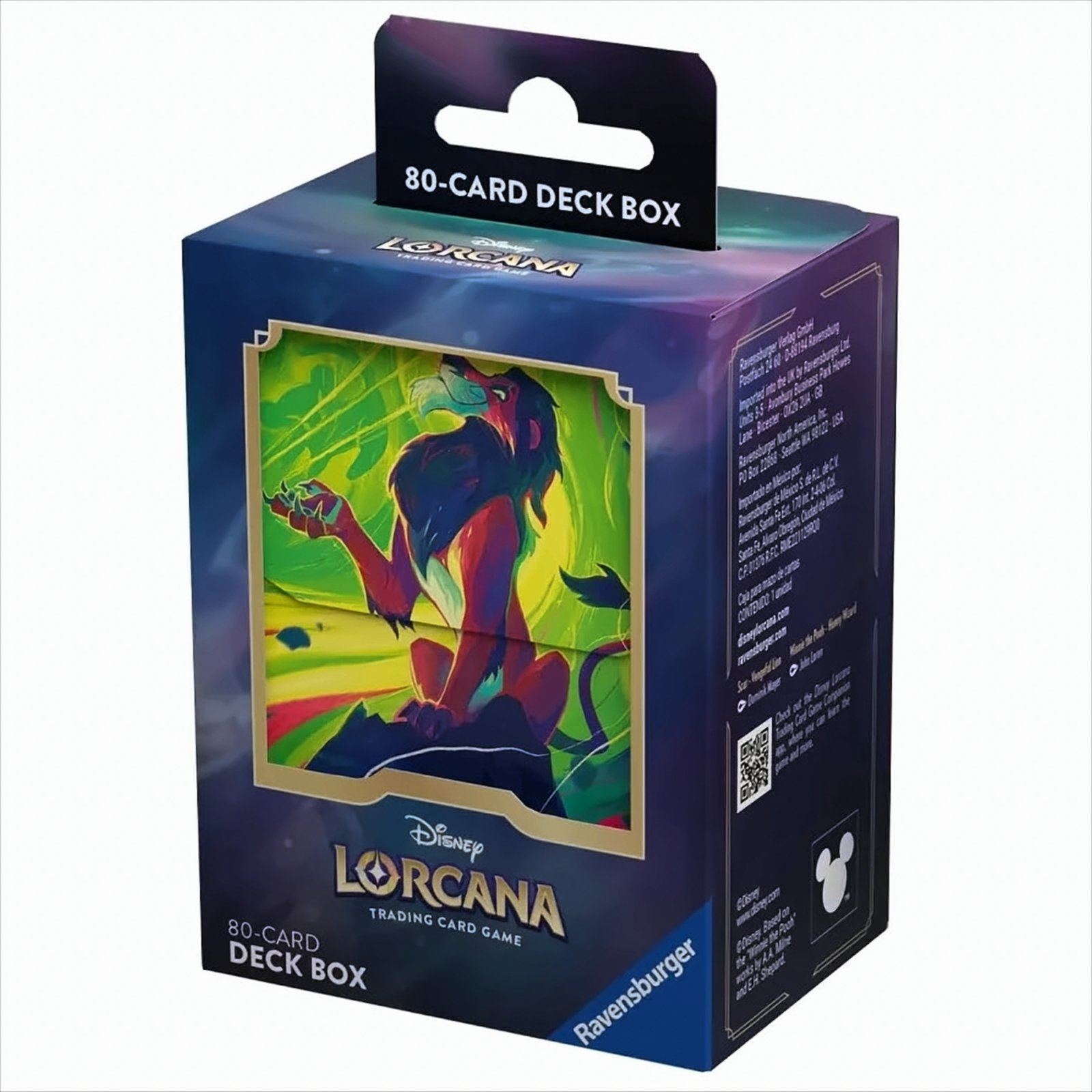 Eine 80-Karten-Deckbox von Disney Lorcana mit Scar. Die Box ist dunkel mit Scar-Illustration und Ravensburger-Branding.