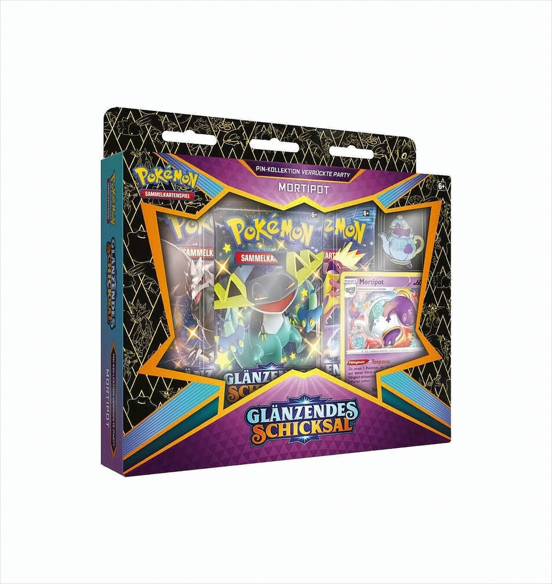 Pokemon-Kartenset-Box. Verschiedene Karten und eine Figur sind sichtbar.