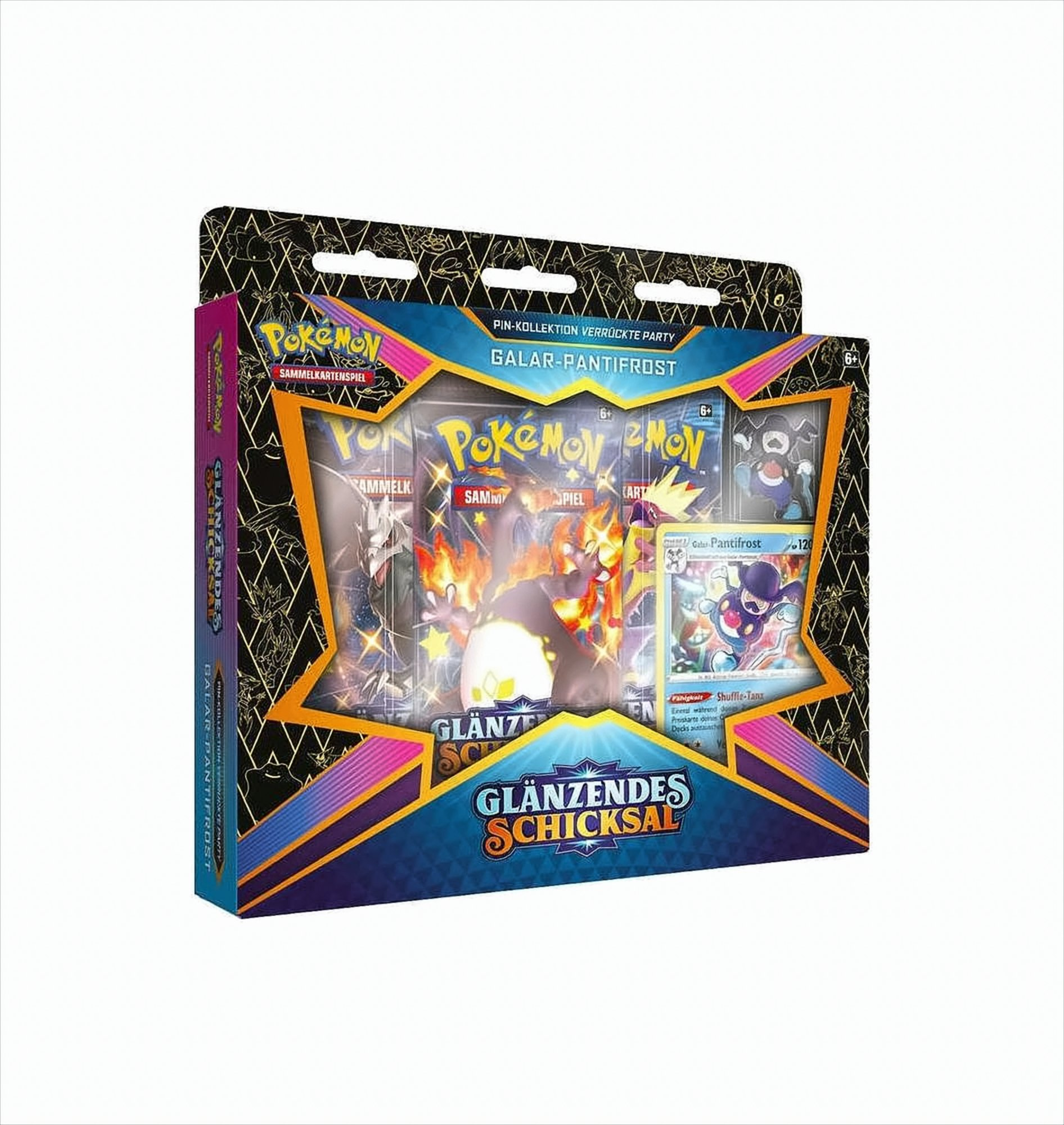 Pokémon-Kartenbox. Galar-Pantirost. Box ist schwarz, blau und gold. Hat Bilder von Charakteren und Karten. Weißer Hintergrund.
