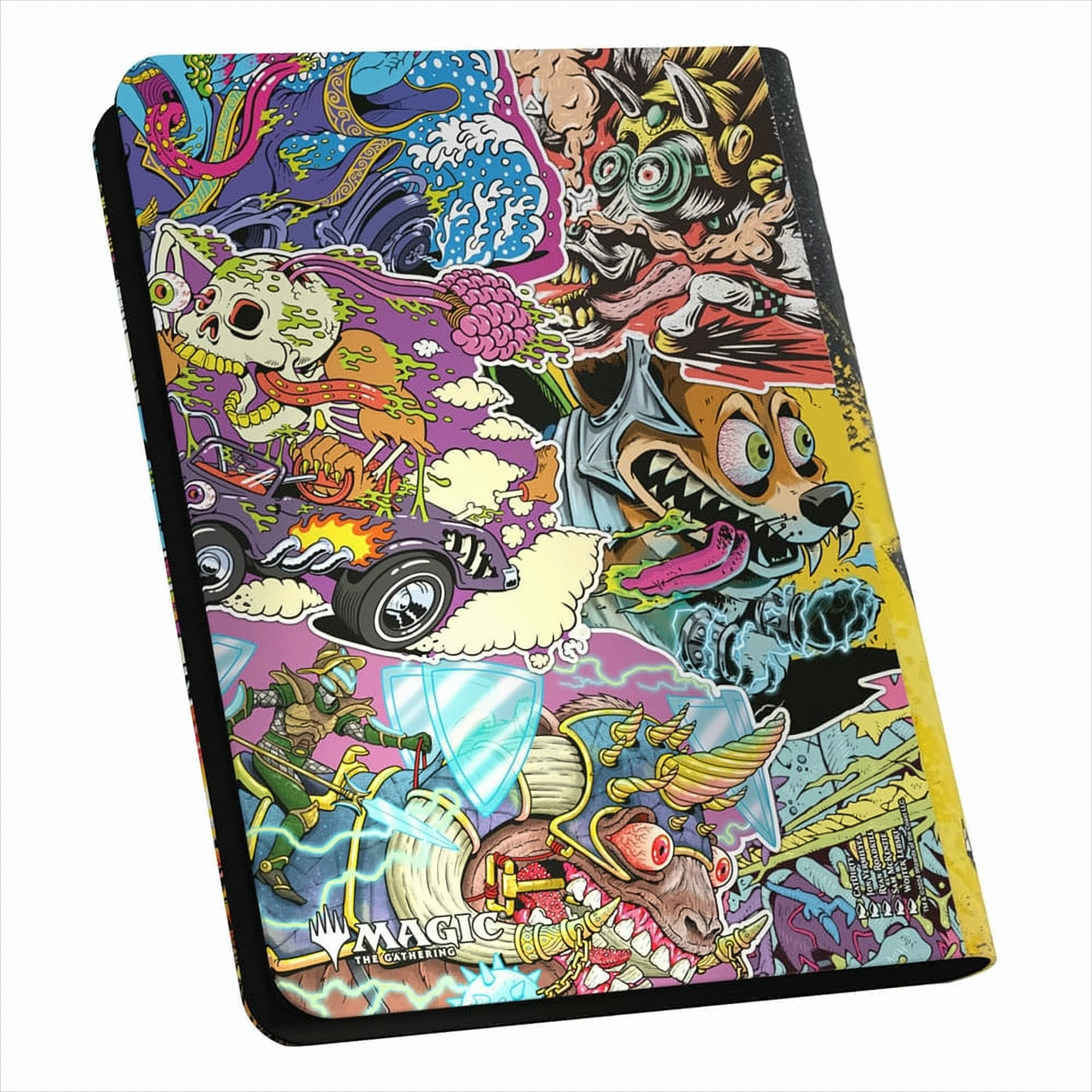 Ein farbenfroher Magic: The Gathering Kartenordner mit verschiedenen Fantasy-Kunst-Aufklebern.