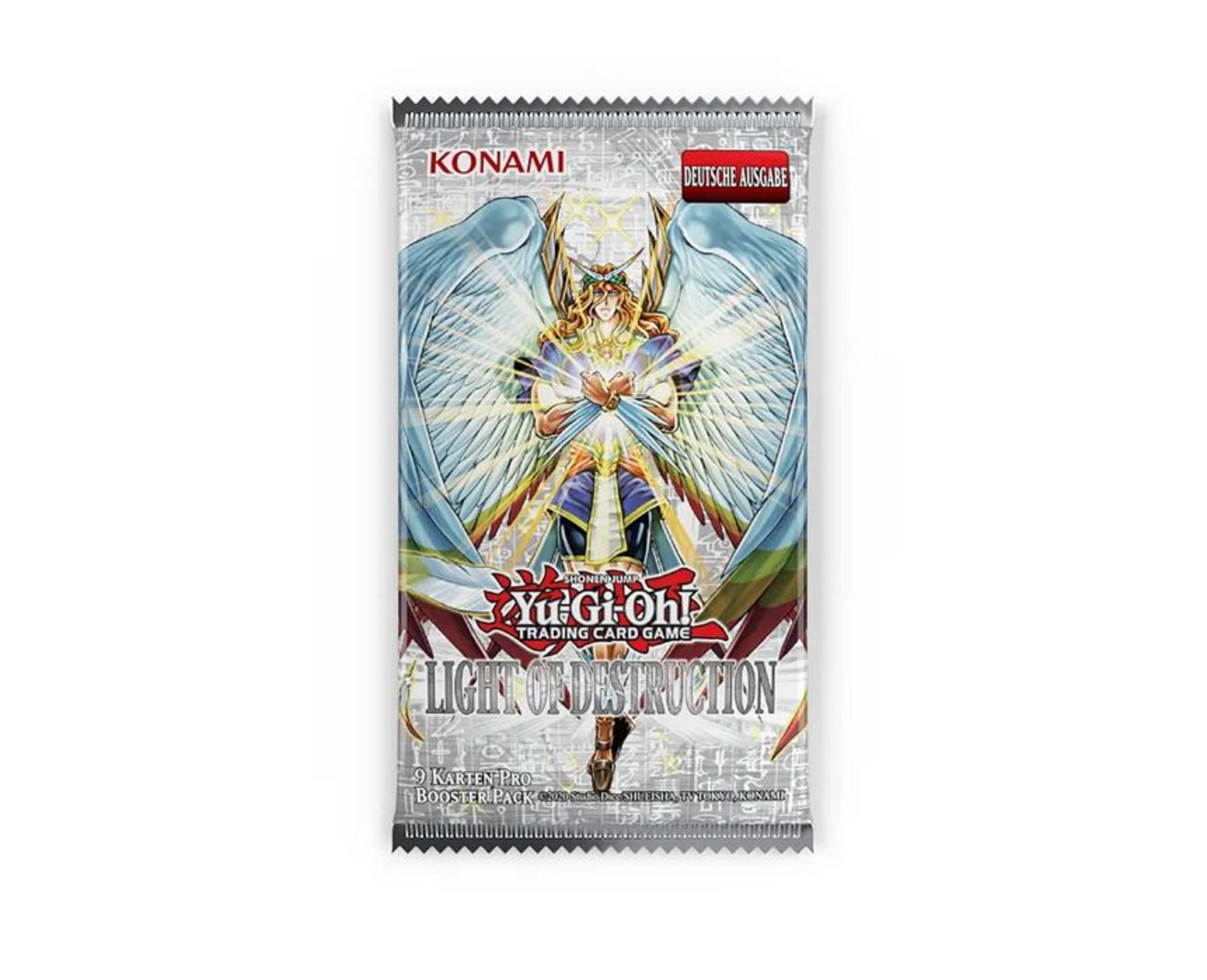 Yu-Gi-Oh! Light of Destruction Booster-Pack. Eine Frau mit Flügeln hält ein Licht. Das Paket hat Text.