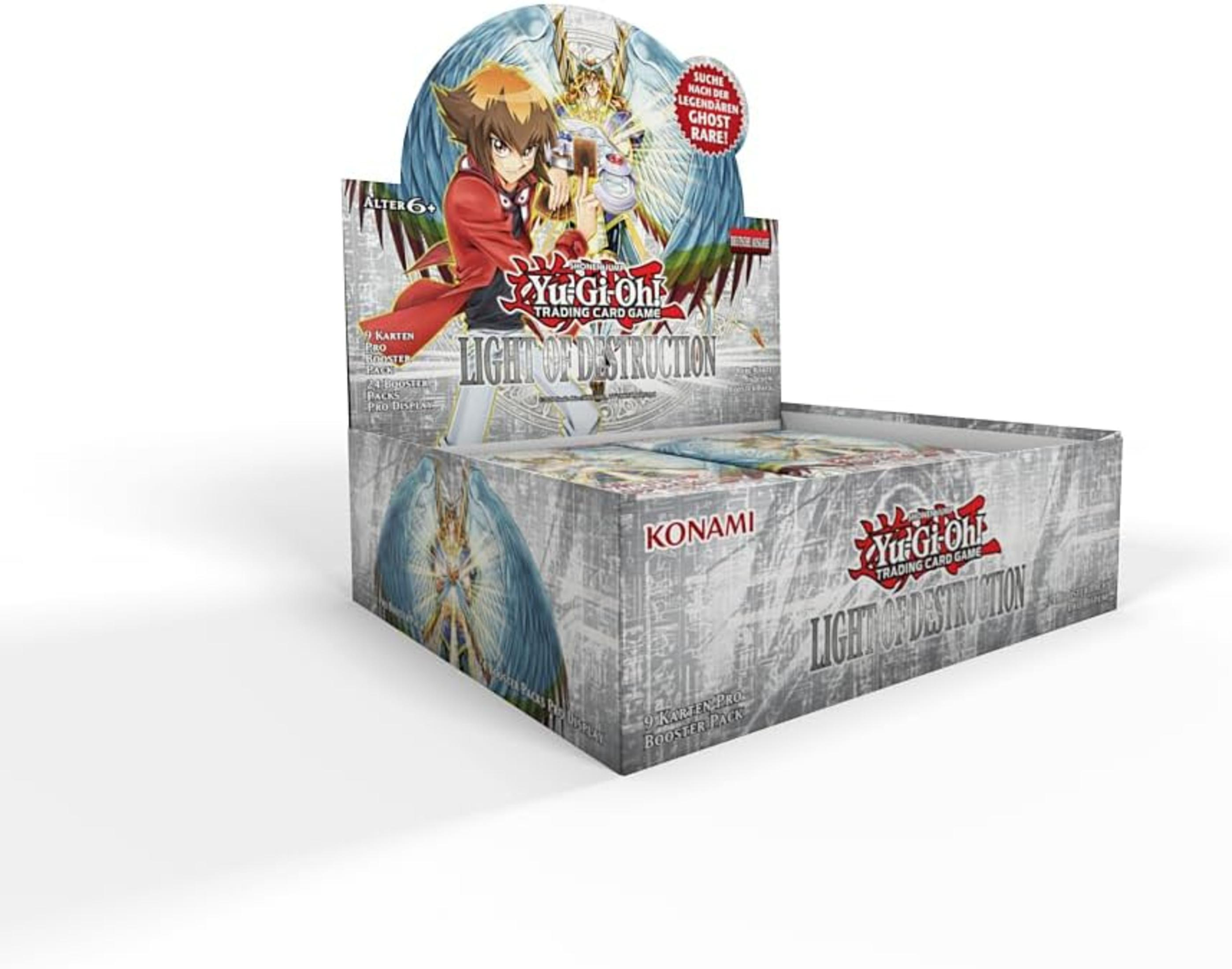 Eine Yu-Gi-Oh! Light of Destruction Trading Card Box mit Text und Bildern auf weißem Hintergrund.