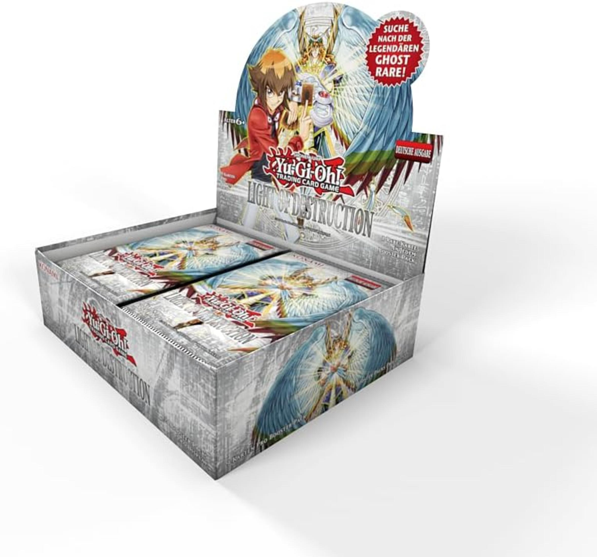 Yu-Gi-Oh! Kartenbox mit Karten. Weißer Hintergrund.