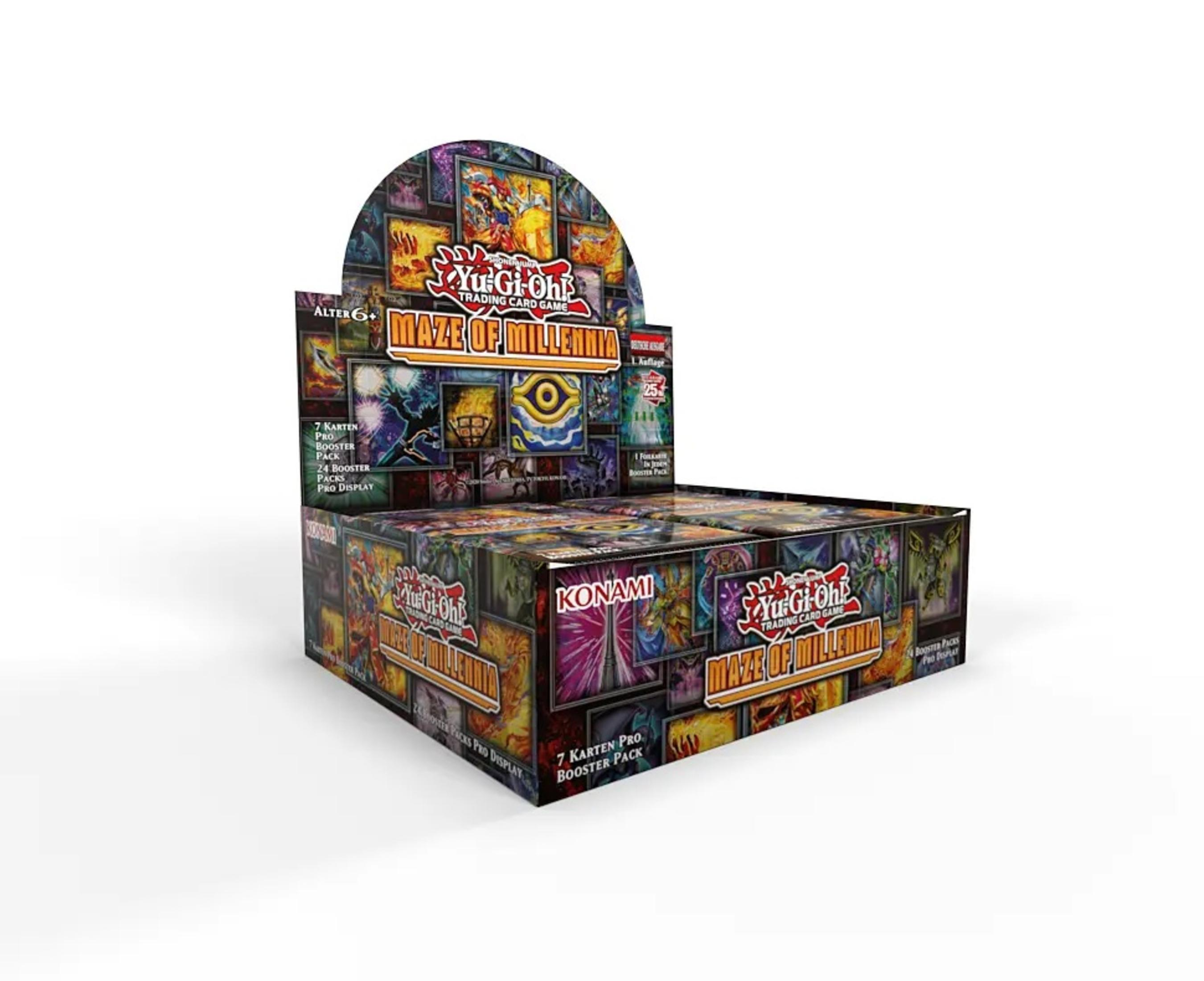 Eine Yu-Gi-Oh!-Sammelkarten-Displaybox mit farbenfrohen Grafiken auf weißem Hintergrund.