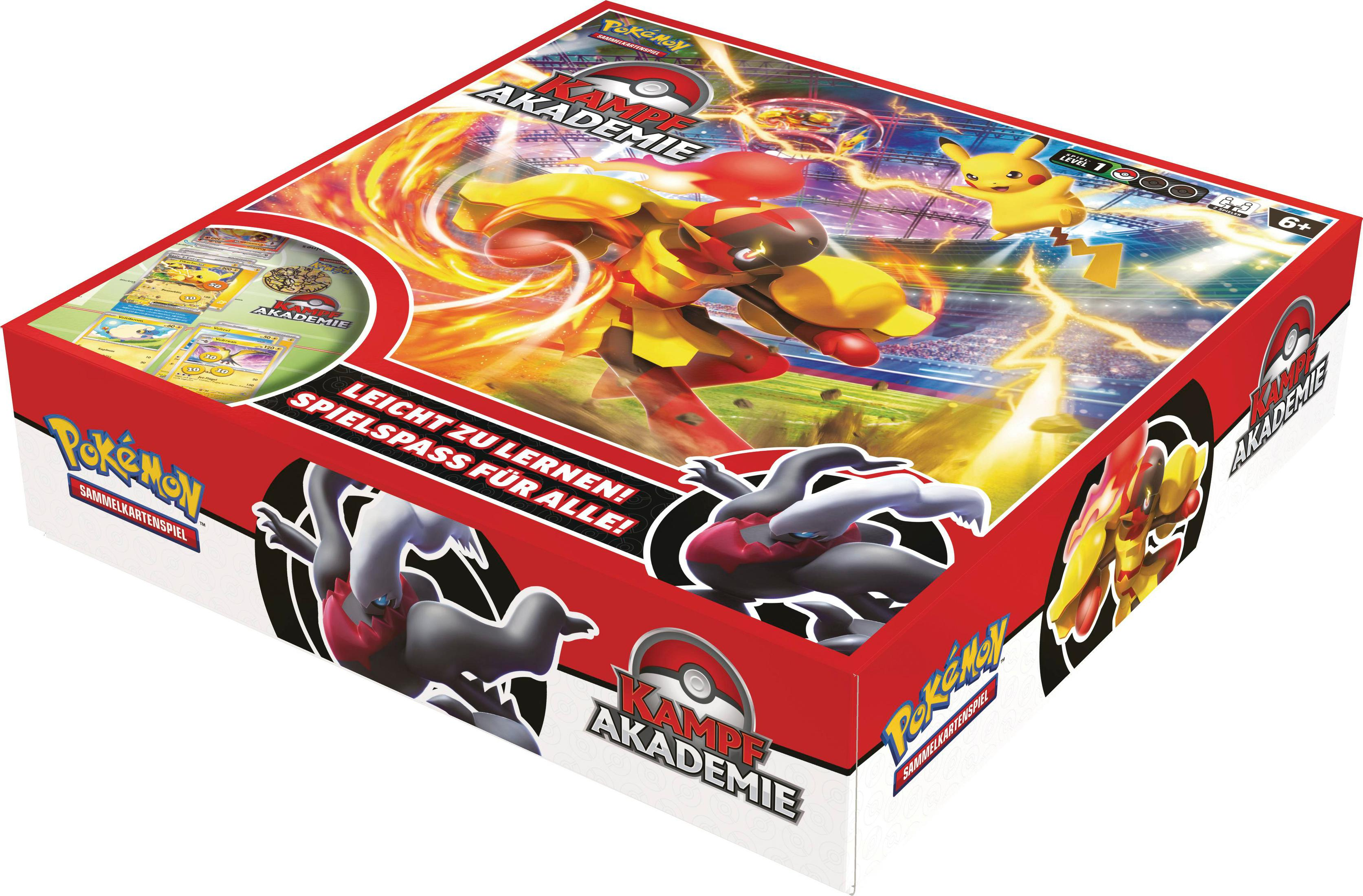 Boîte de jeu de cartes à collectionner Pokémon. La boîte est rouge, avec des personnages Pokémon. Texte : 'Kampf Akademie'.