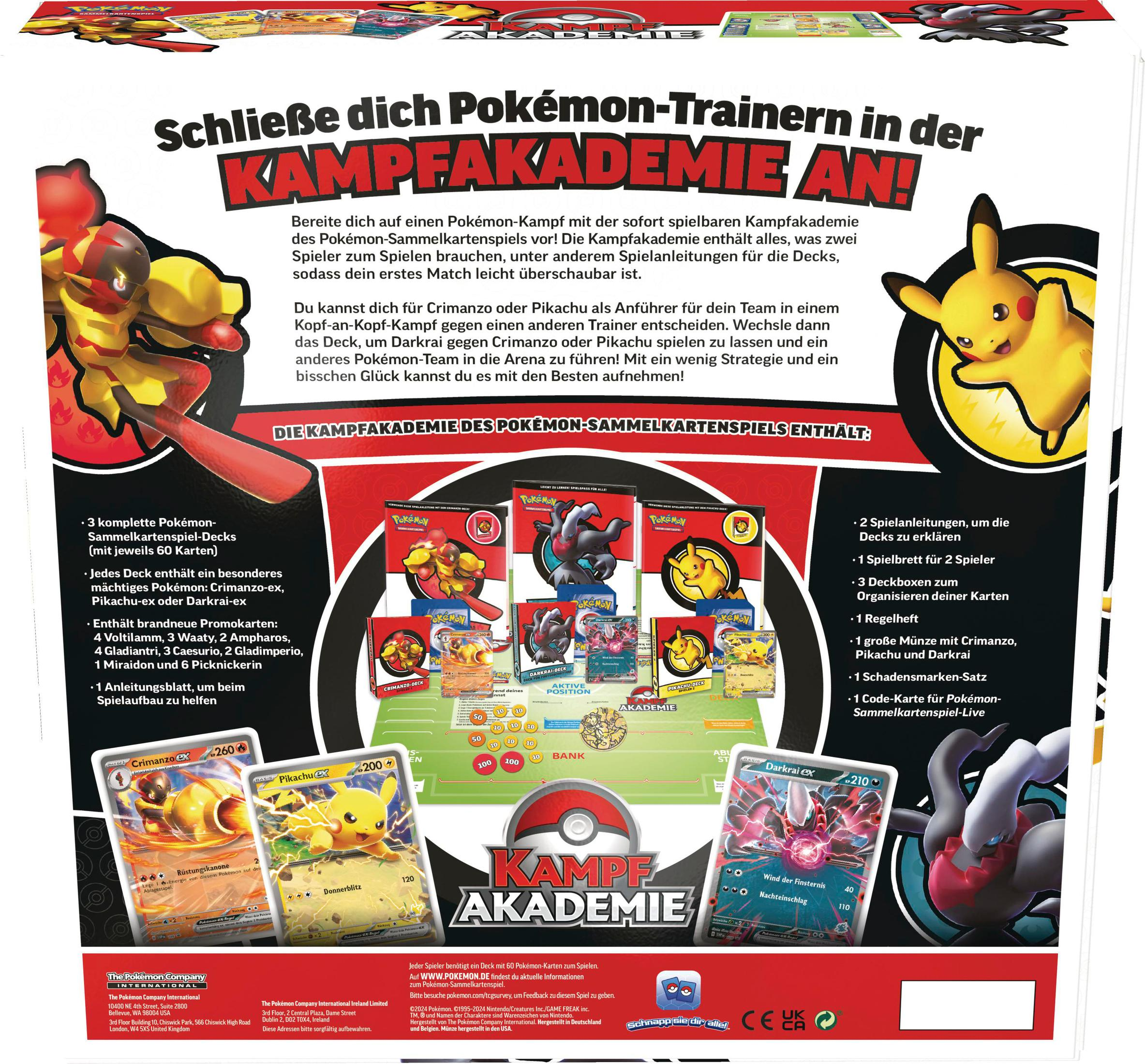 Boîte de jeu de cartes Pokémon avec cartes et Pikachu. Le texte promeut une académie de combat Pokémon.