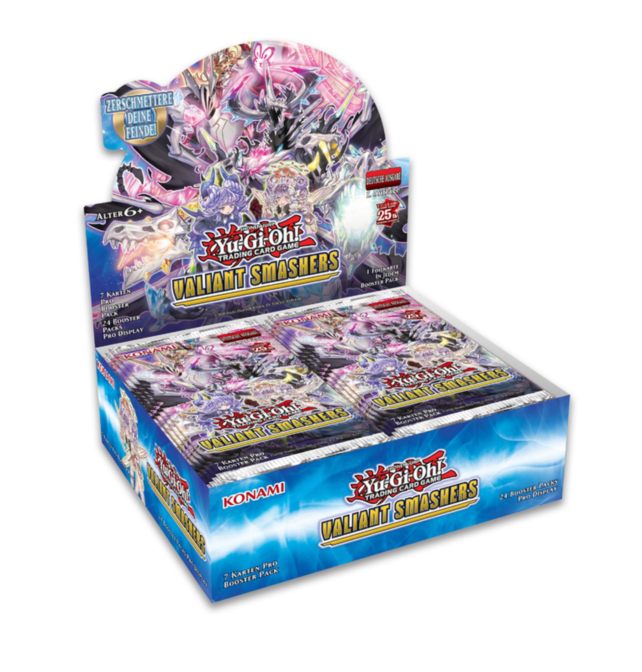 Yu-Gi-Oh! Karten-Displaybox mit Booster-Packs. Box mit Charakter- und Logo-Artwork.