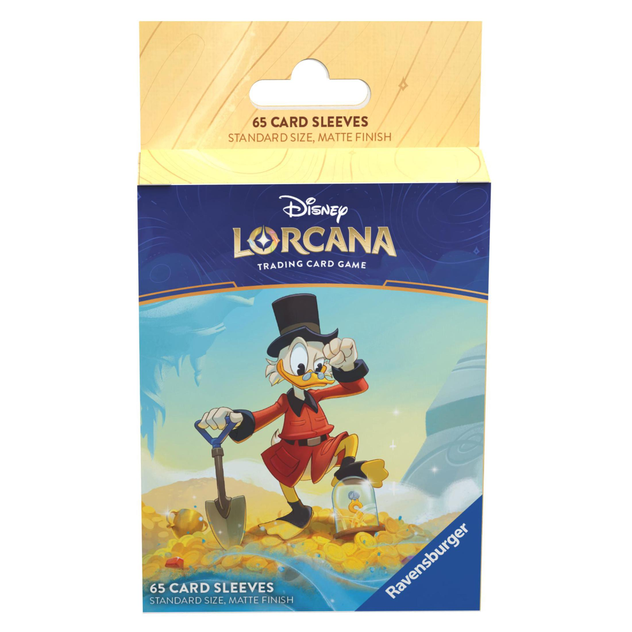 Disney Lorcana Kartenhüllen-Packung mit Dagobert Duck, einer Schaufel und Goldmünzen.