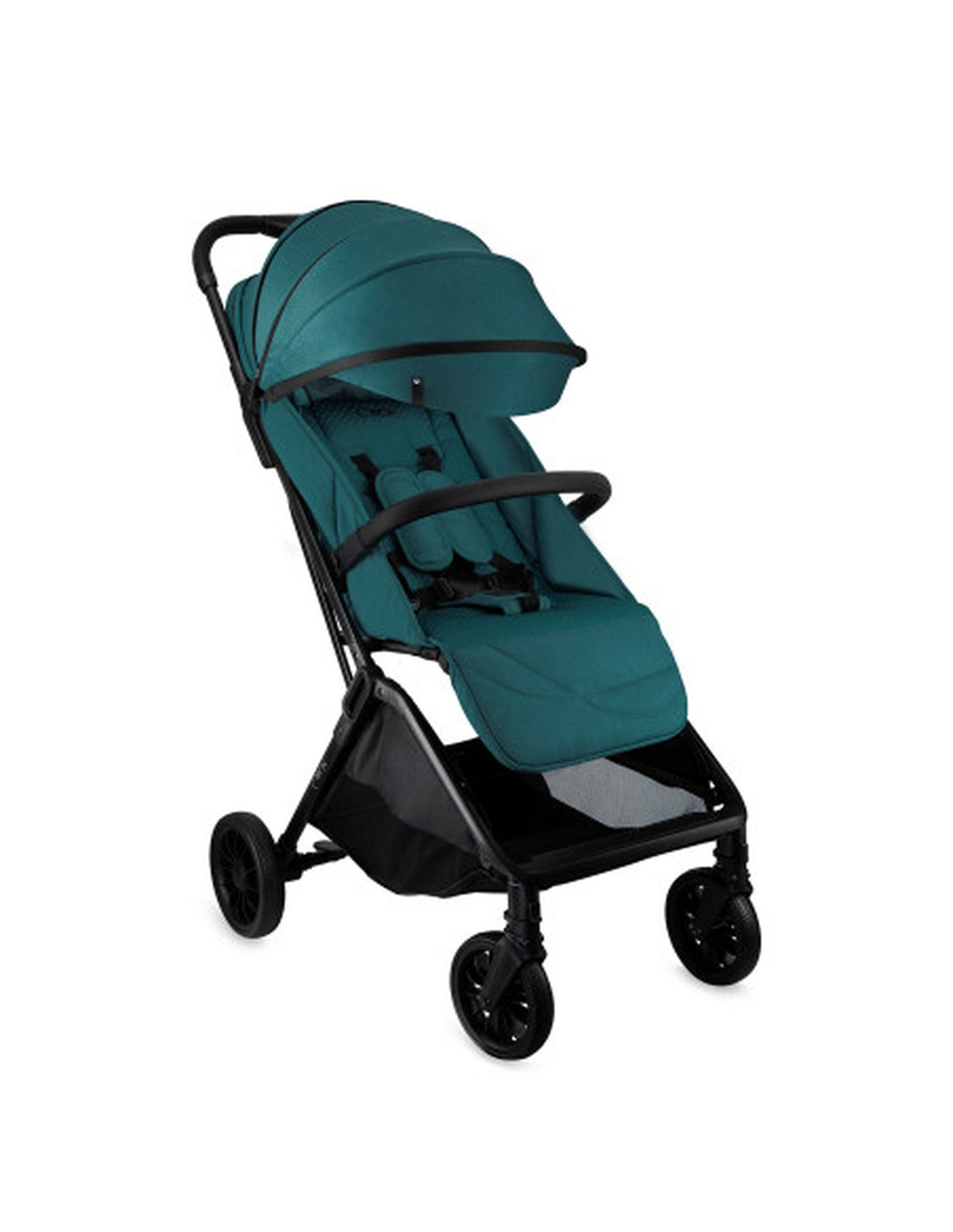 Türkisfarbener Kinderwagen mit schwarzem Rahmen. Verfügt über ein Sonnensegel, einen Sitz und Räder, mit schwarzem Griff.