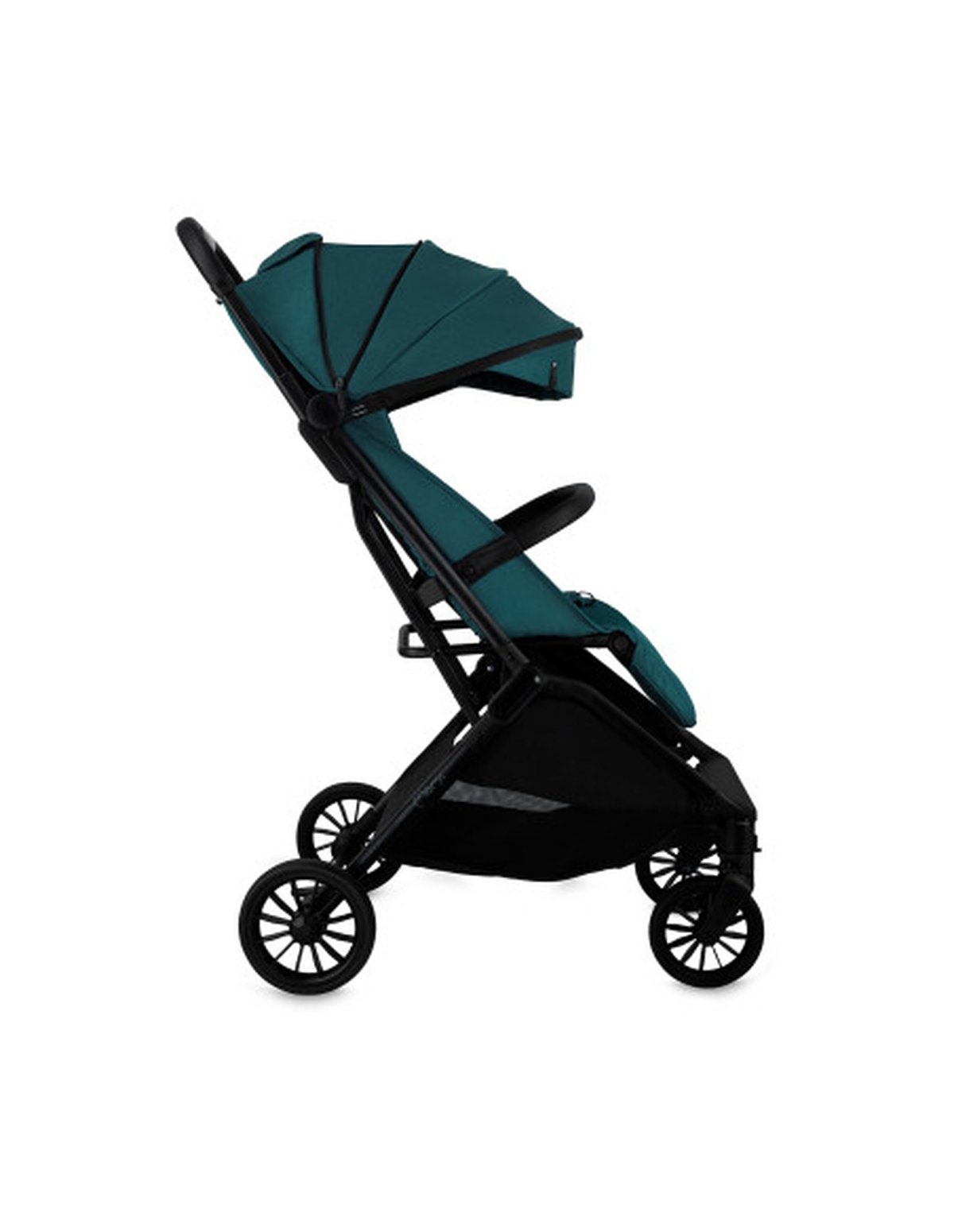 Ein teal-farbener Kinderwagen mit schwarzem Rahmen auf weißem Hintergrund.