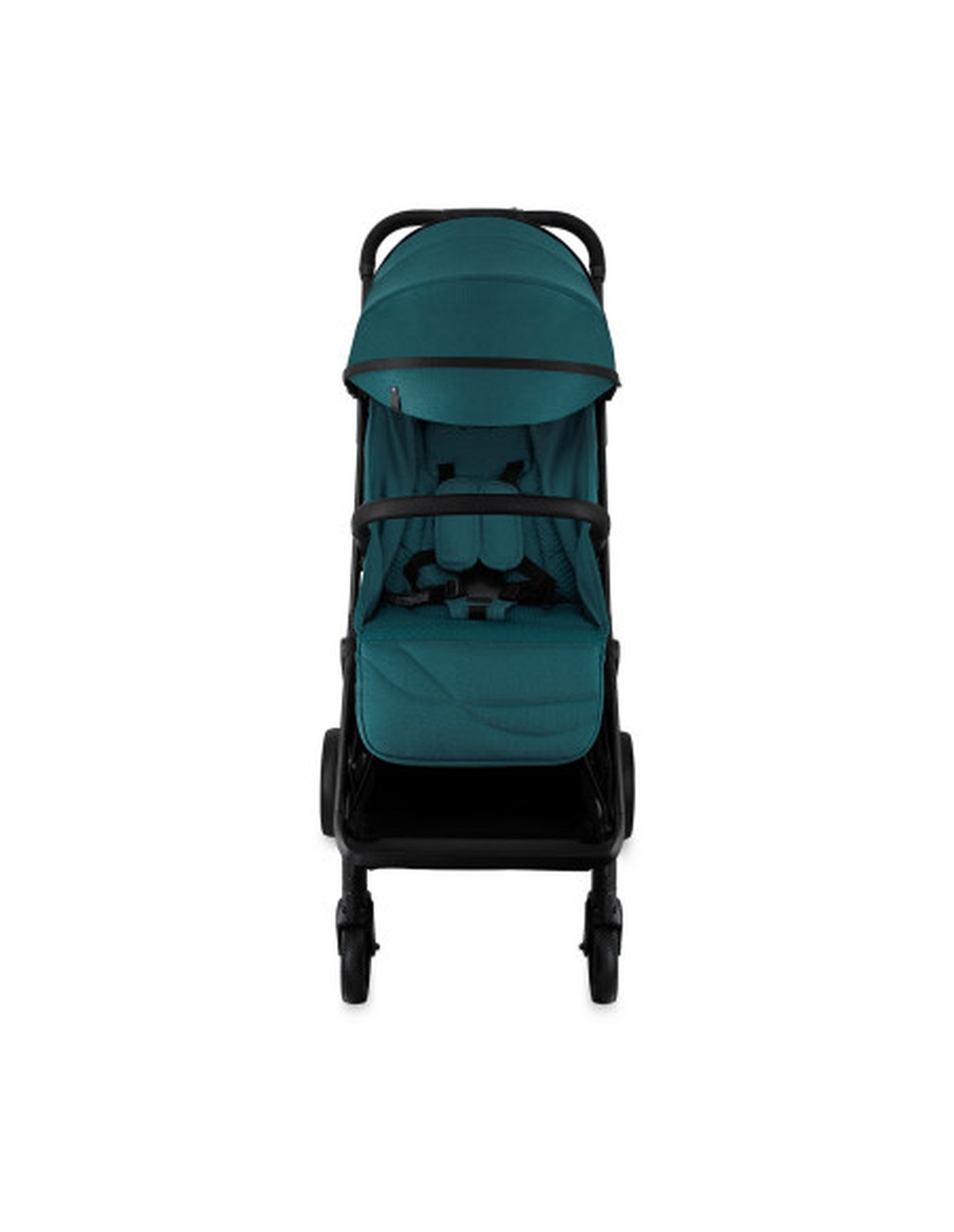 Türkisfarbener Kinderwagen. Vorderansicht auf weißem Hintergrund. Schwarzer Rahmen und Verdeck.