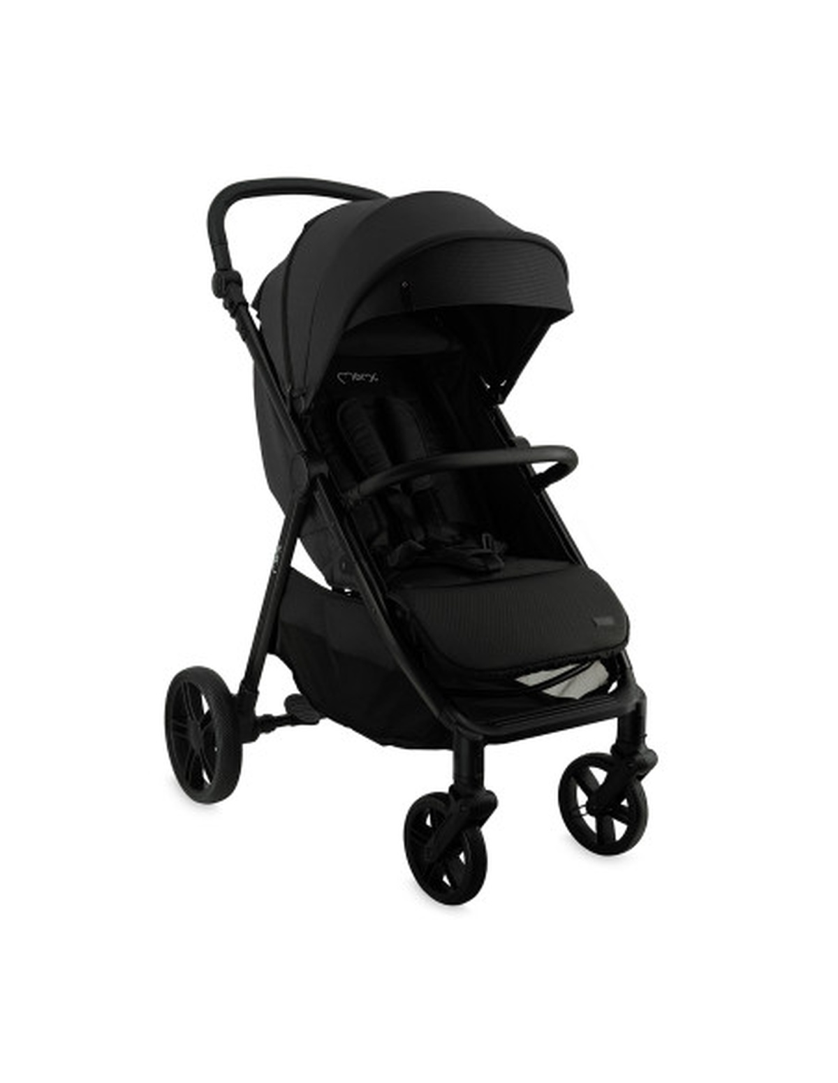 Schwarzer Kinderwagen mit Verdeck, Rädern und einem Staufach.