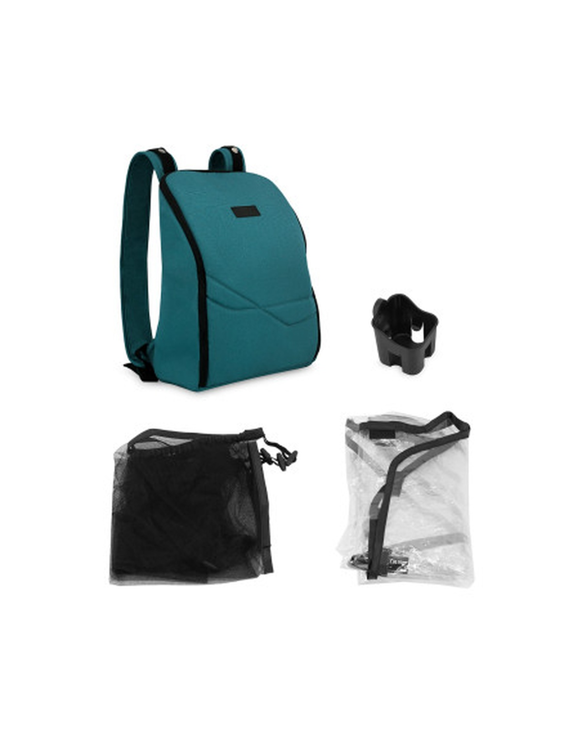 Ein tealfarbener Rucksack und Zubehör: eine schwarze Netztasche, ein schwarzer Becherhalter und eine transparente Regenhülle.
