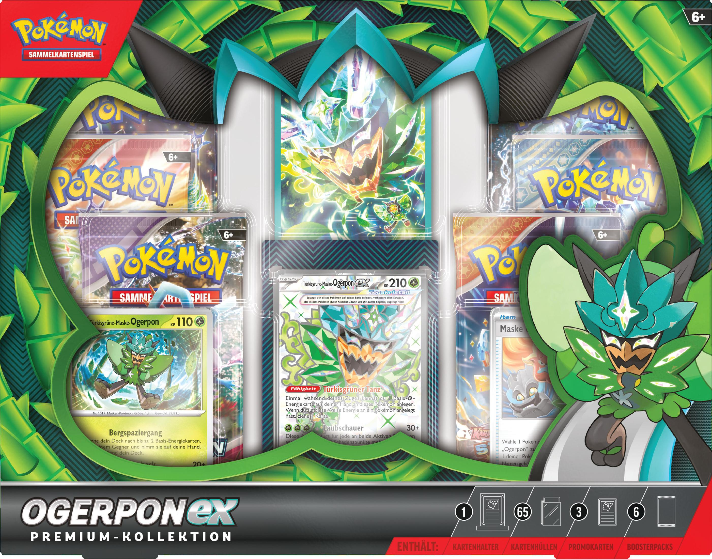 Ein Pokémon-Kartenspielset mit Karten und einer Box, die ein Monster zeigt und Text enthält.