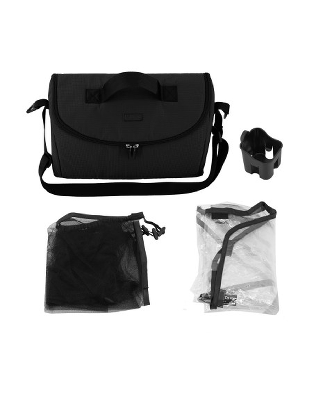 Schwarze Kameratasche mit Zubehör. Es enthält ein Objektiv, eine Tasche und eine Regenhülle.