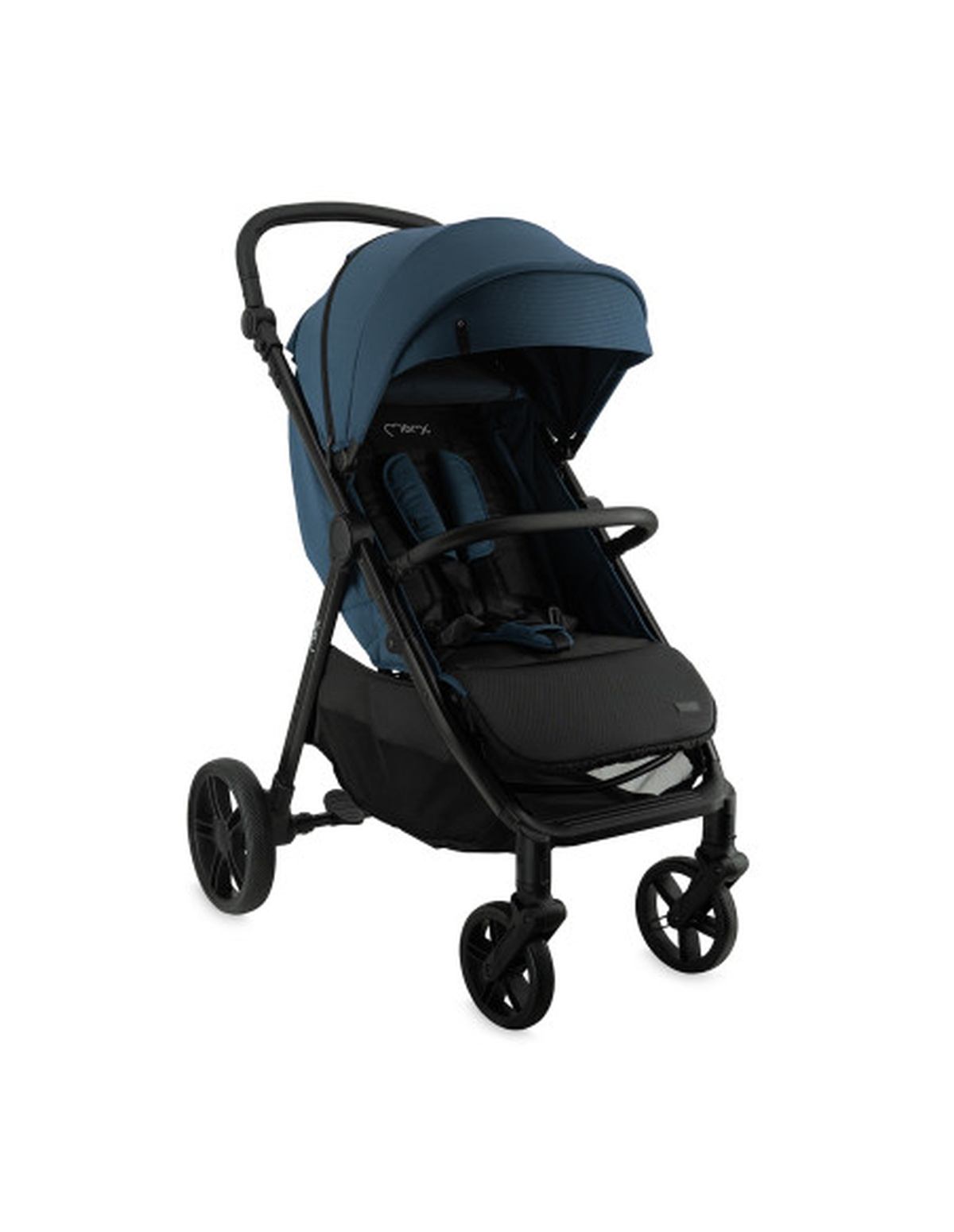 Ein blauer Kinderwagen mit schwarzem Rahmen und schwarzen Rädern auf weißem Hintergrund.