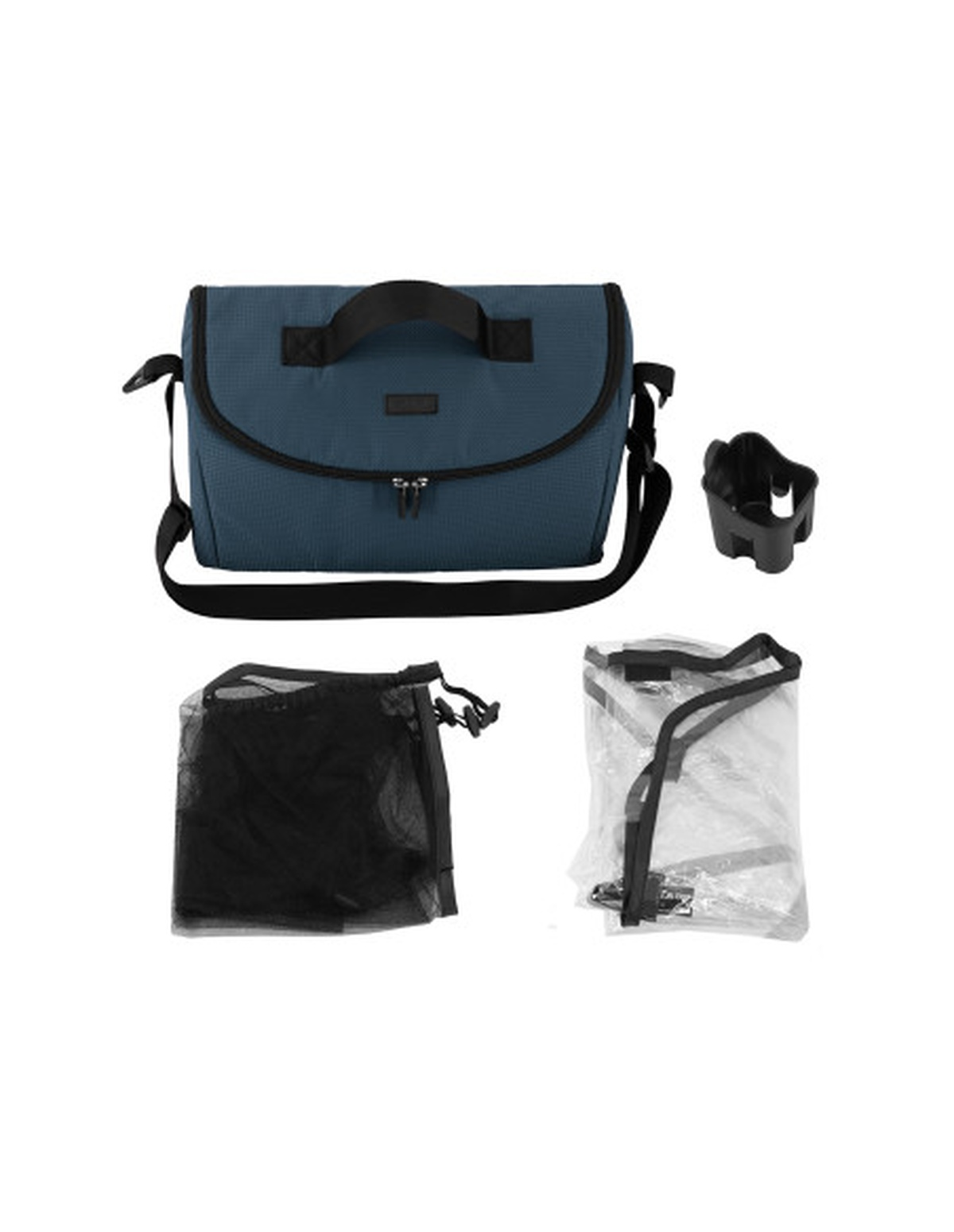 Blaue Kameratasche mit Schulterriemen und Zubehör: schwarzer Becherhalter, Netzbeutel und transparente Abdeckung.
