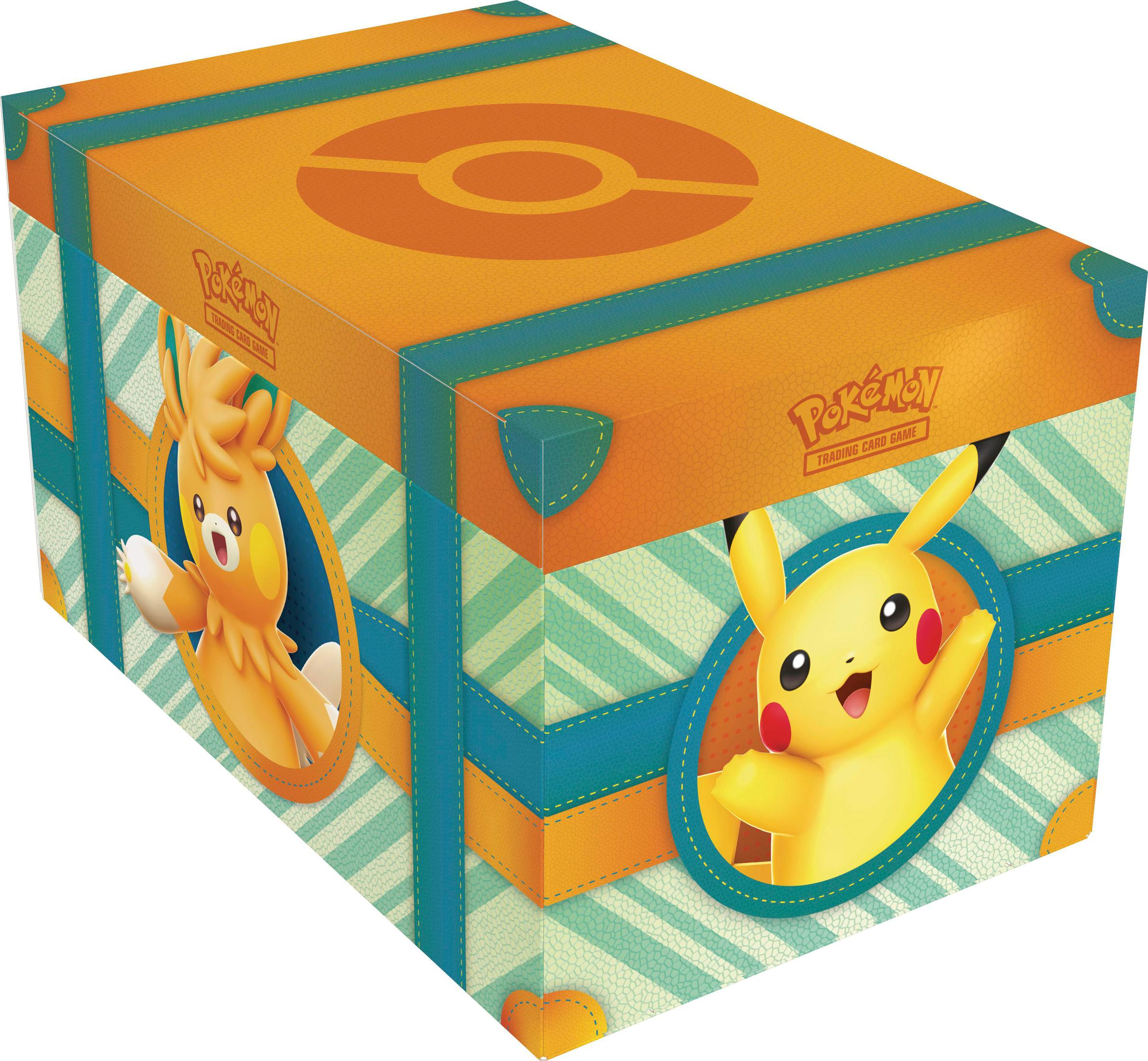 Eine bunte Pokémon-Sammelkartenspielbox mit Pikachu und anderen Charakteren auf den Seiten. Orange und Türkis.