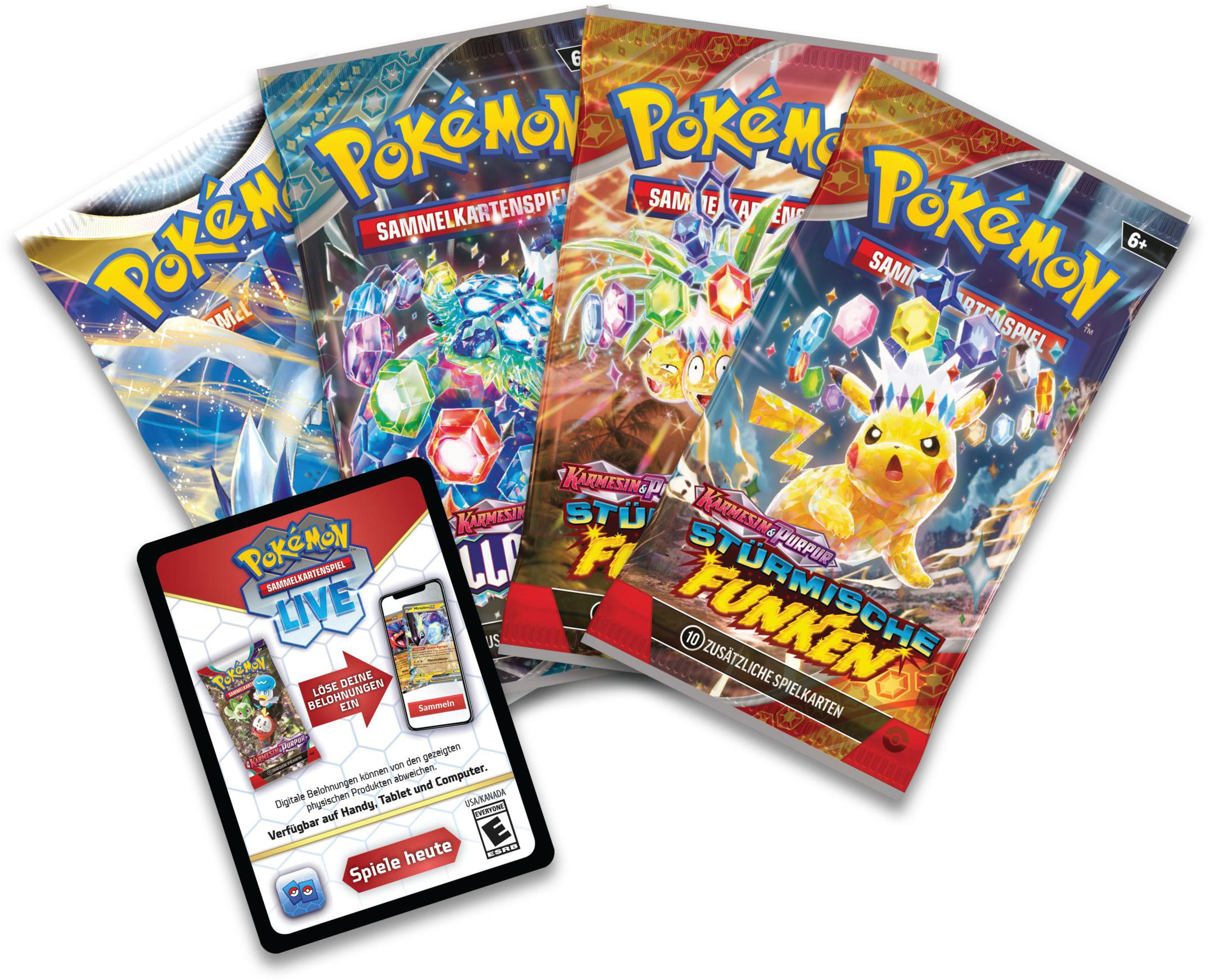 Pokemon-Kartenpackungen mit Promokarte. Bunte Packs mit Pikachu-Karte sichtbar.