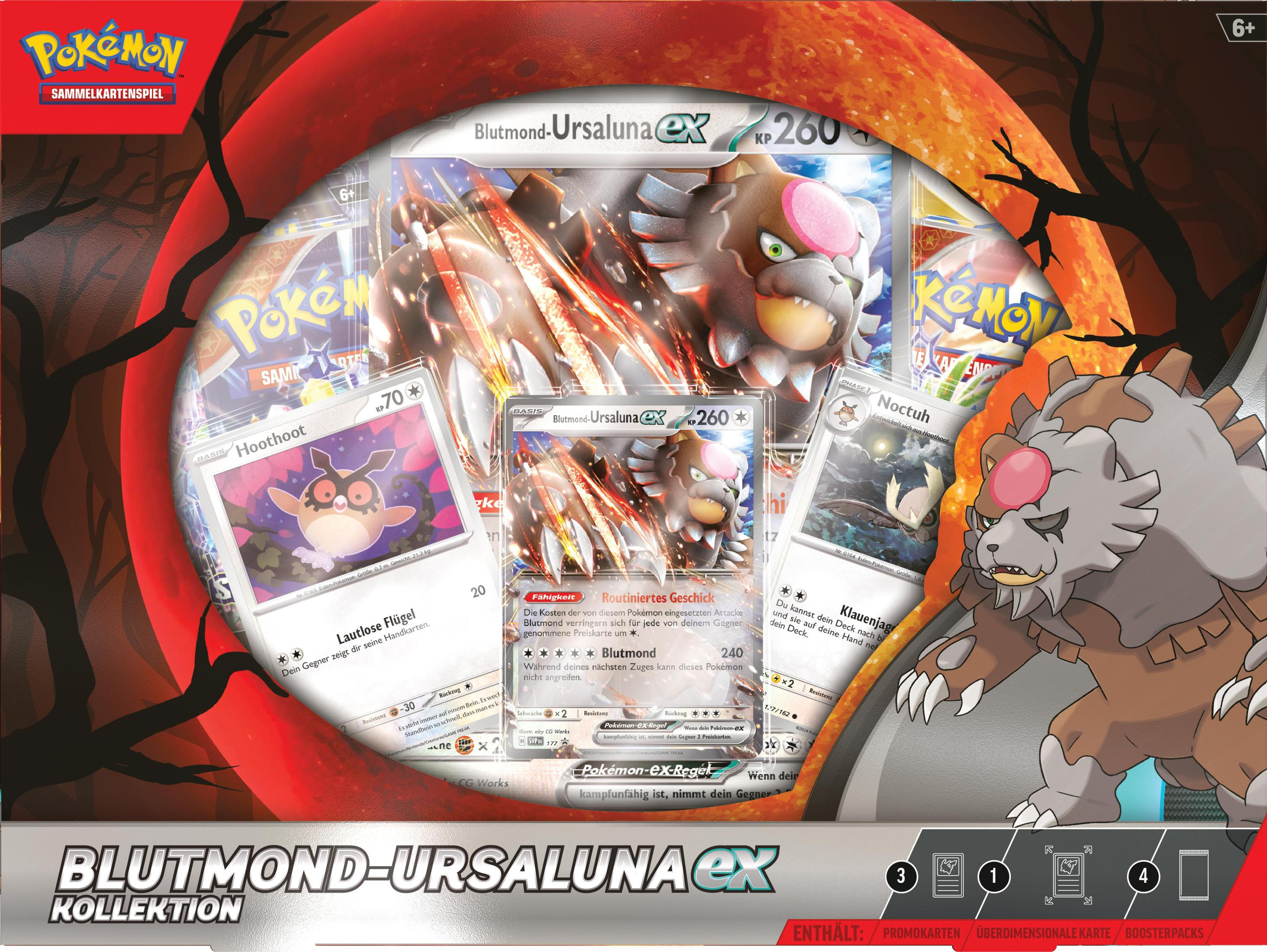 Ein Pokemon-Sammelkarten-Box-Set. Enthält eine Karte mit Ursaluna, andere Karten und Werbematerialien.