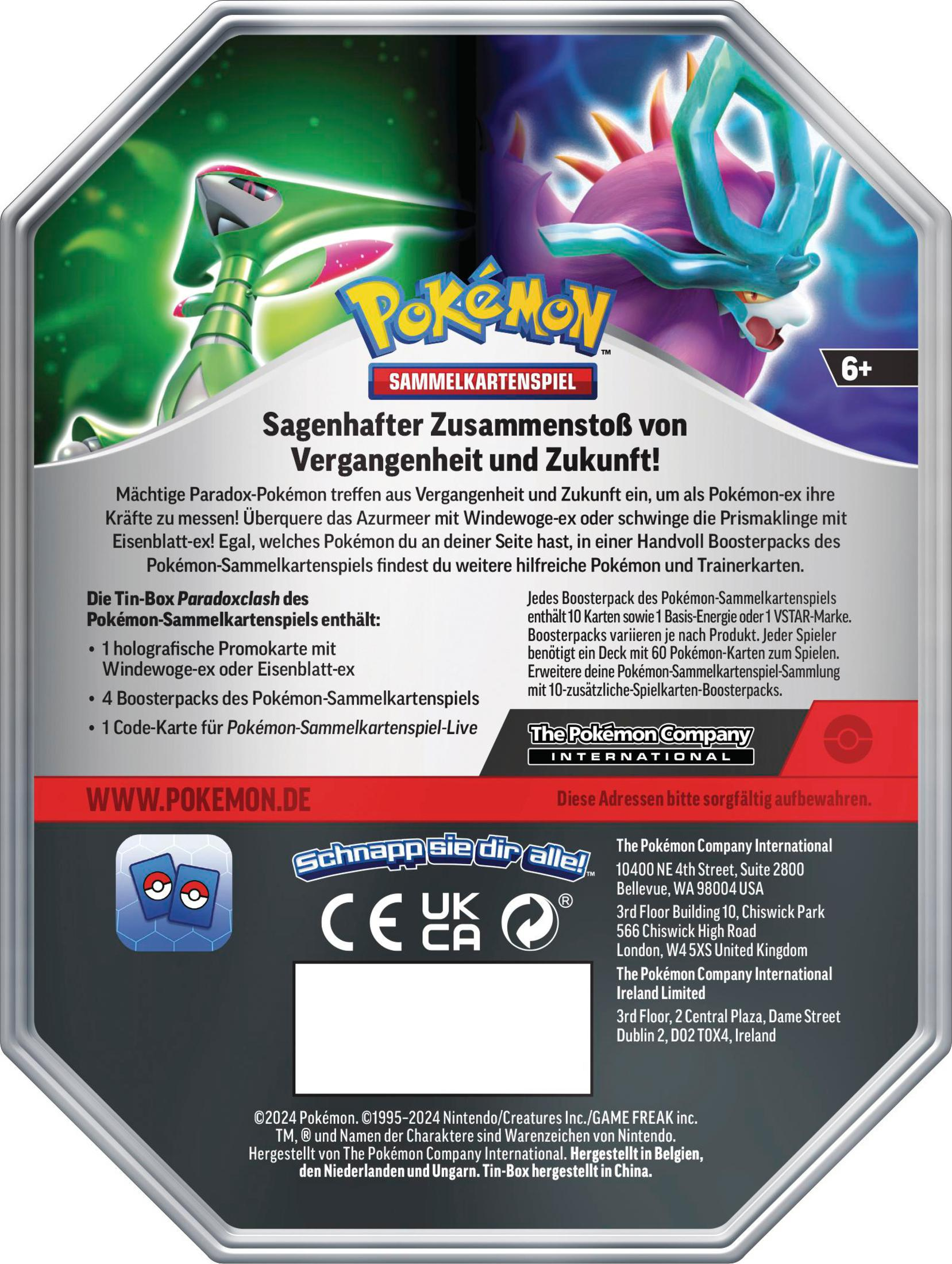 Eine Pokémon-Sammelkartenbox mit Text und Bildern. Die Box ist achteckig.