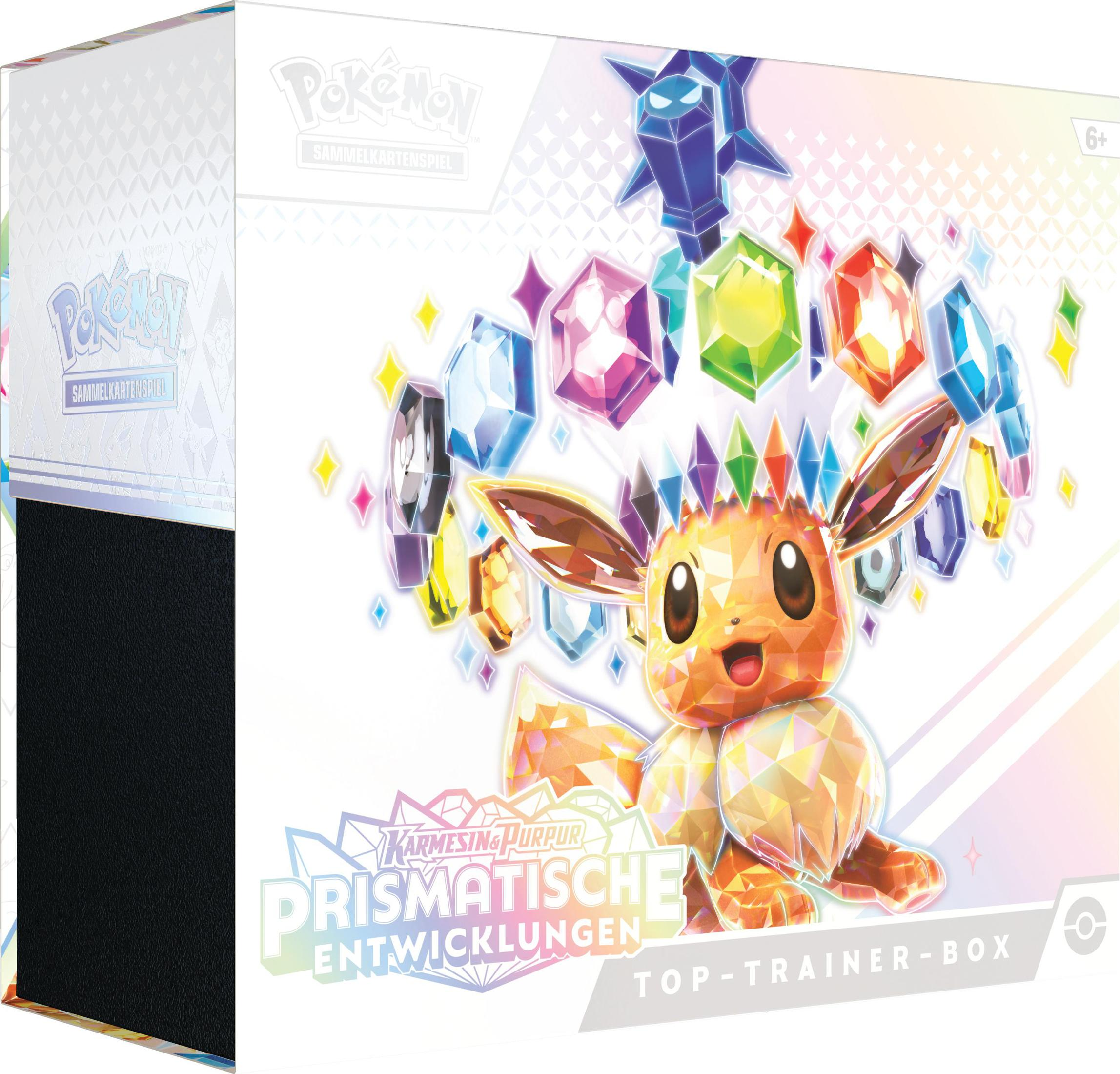 Pokemon-Kartenbox mit Evoli und bunten Edelsteinen.