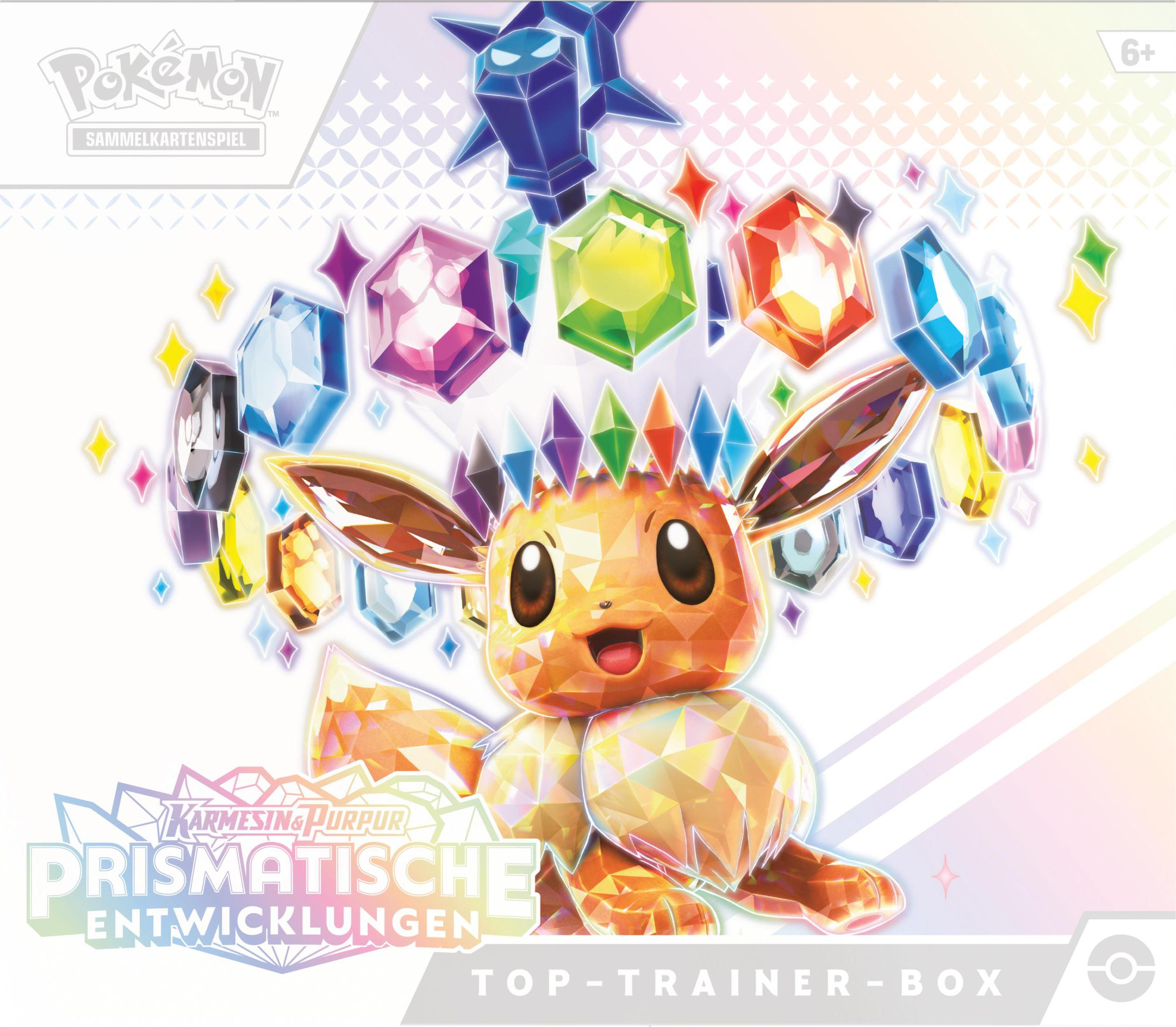 Box für ein Pokémon-Sammelkartenspiel mit Evoli und bunten Edelsteinen.