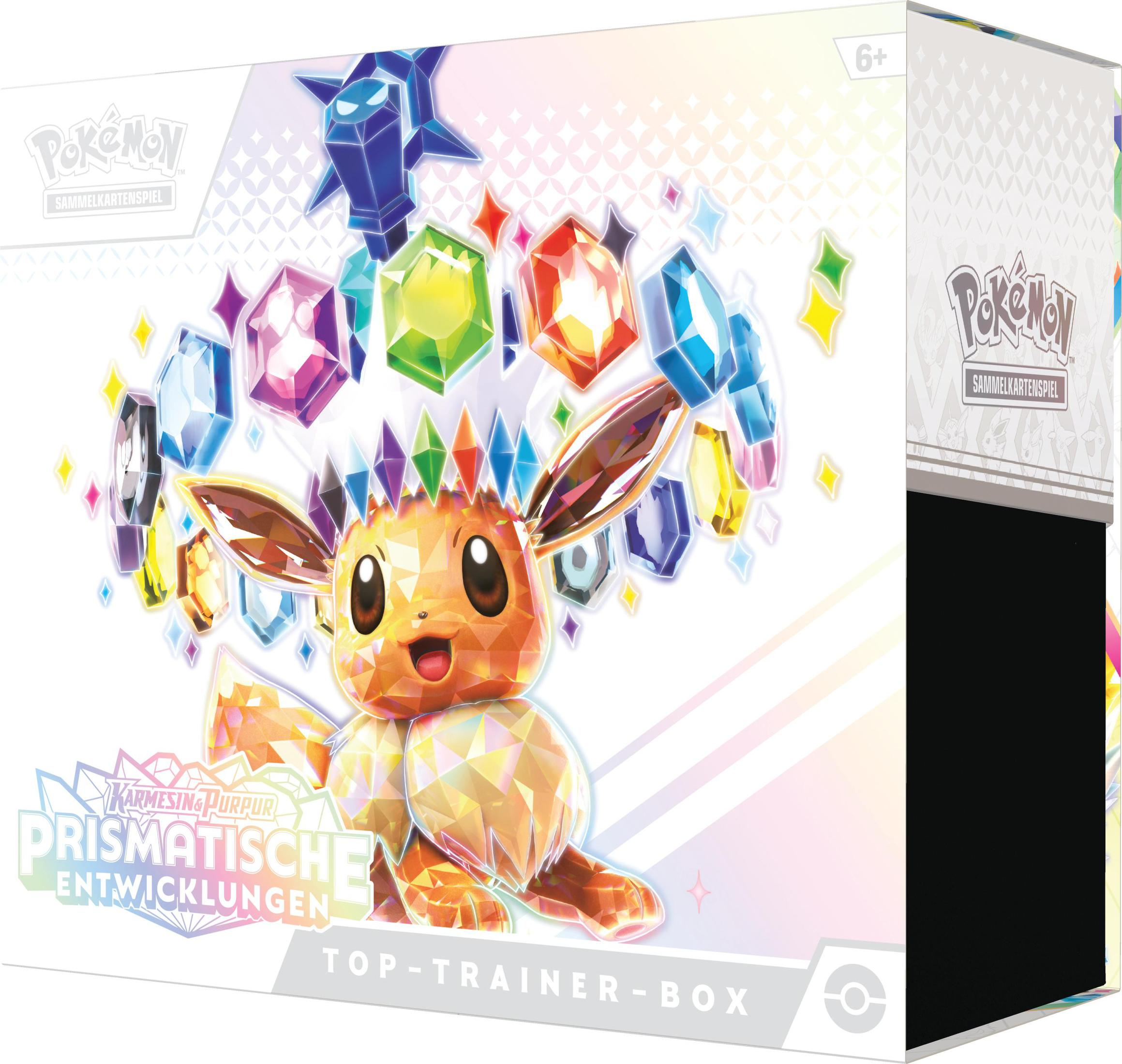 Eine Pokémon-Kartenspielbox mit einem Evoli-Charakter mit bunten Edelsteinen und Text auf weißem Hintergrund.