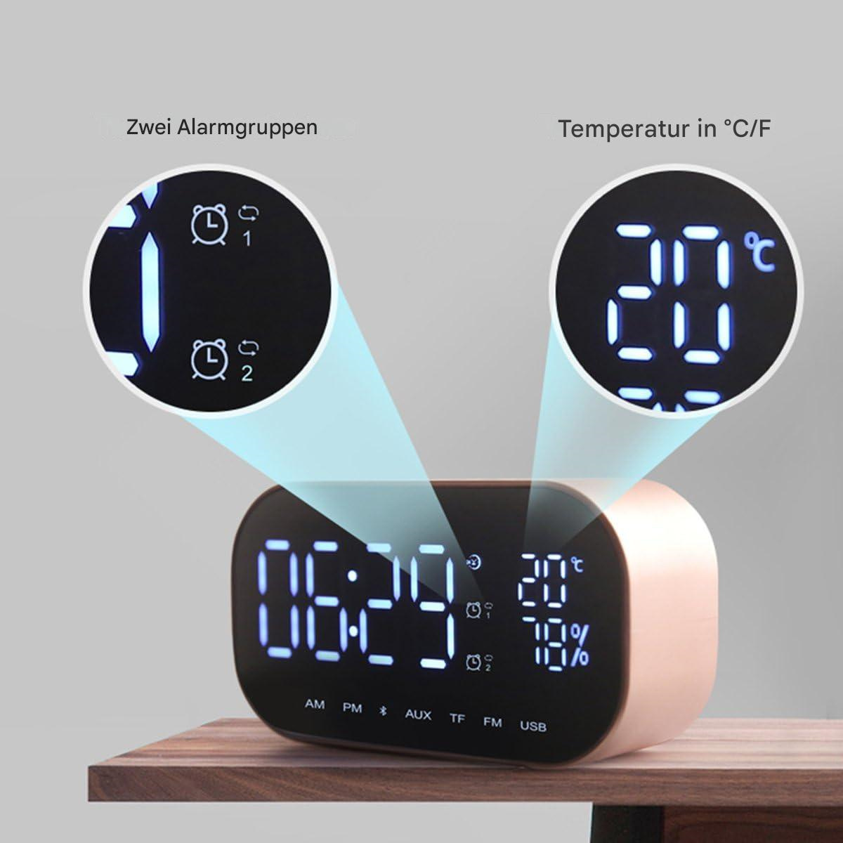 Eine Digitaluhr mit zwei Alarmanzeigen und einer Temperaturanzeige.