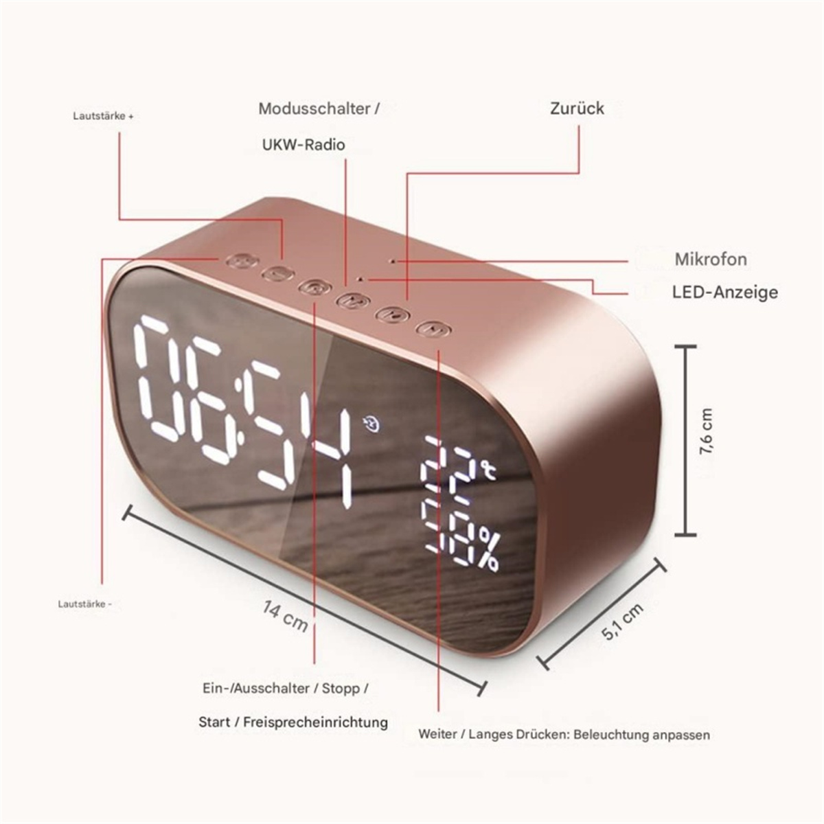 Roségoldener digitaler Wecker mit Anzeige von Zeit, Temperatur und Luftfeuchtigkeit.