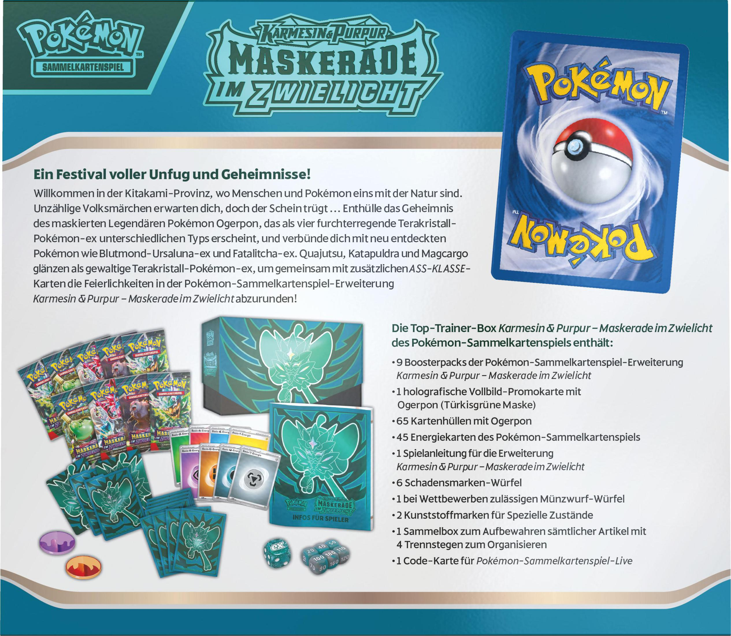 Une boîte de jeu de cartes Pokémon et des cartes sont affichées avec du texte en allemand. Le dos d'une carte est visible.