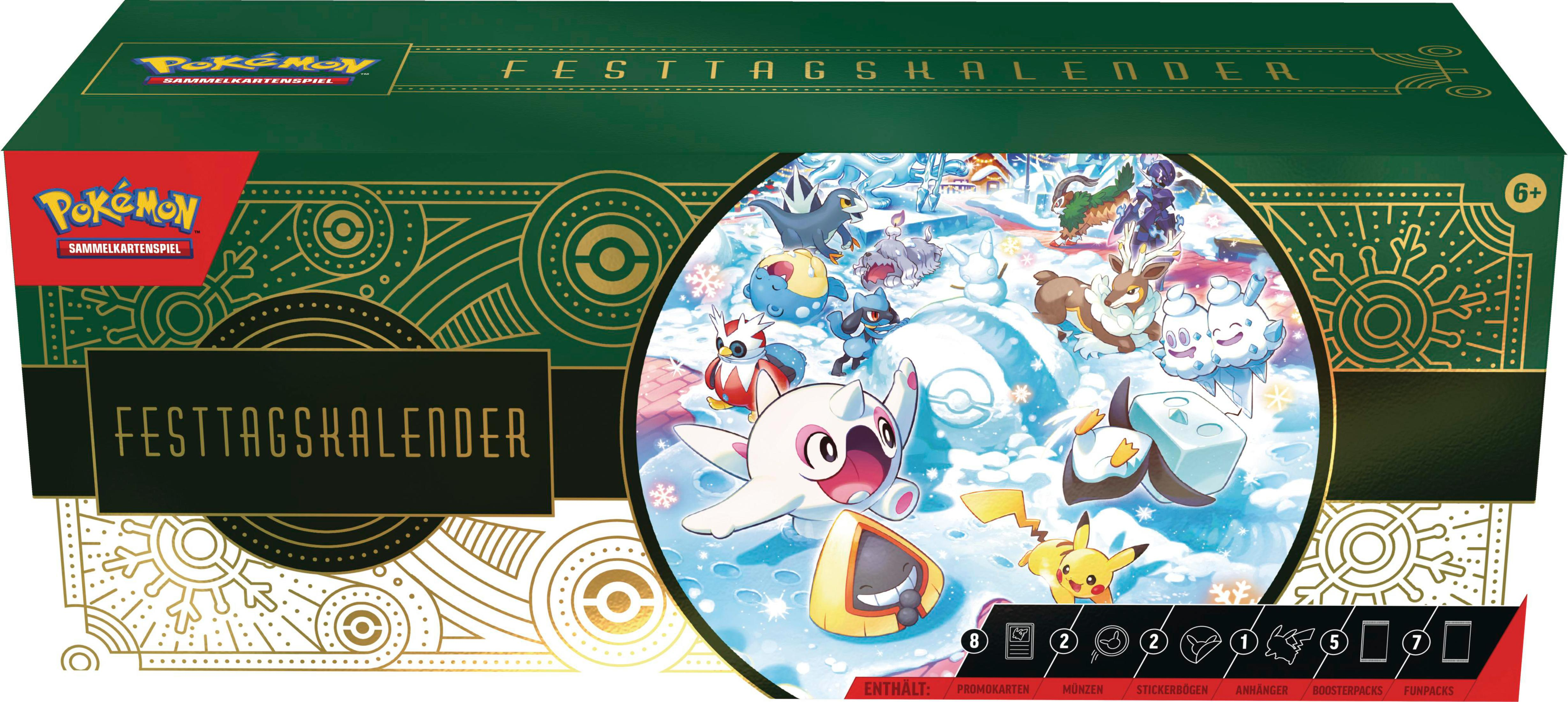 Scatola del calendario delle vacanze Pokémon, verde con immagini festive dei personaggi Pokémon sulla neve.