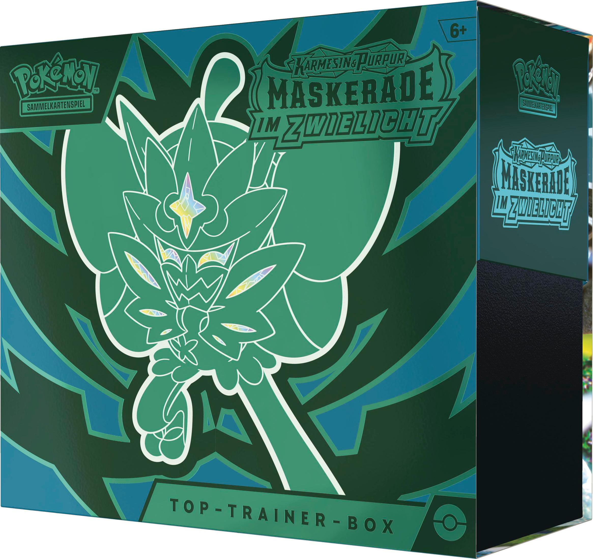 Une boîte de dresseur Pokémon verte et bleue avec un motif d'épée et de bouclier.