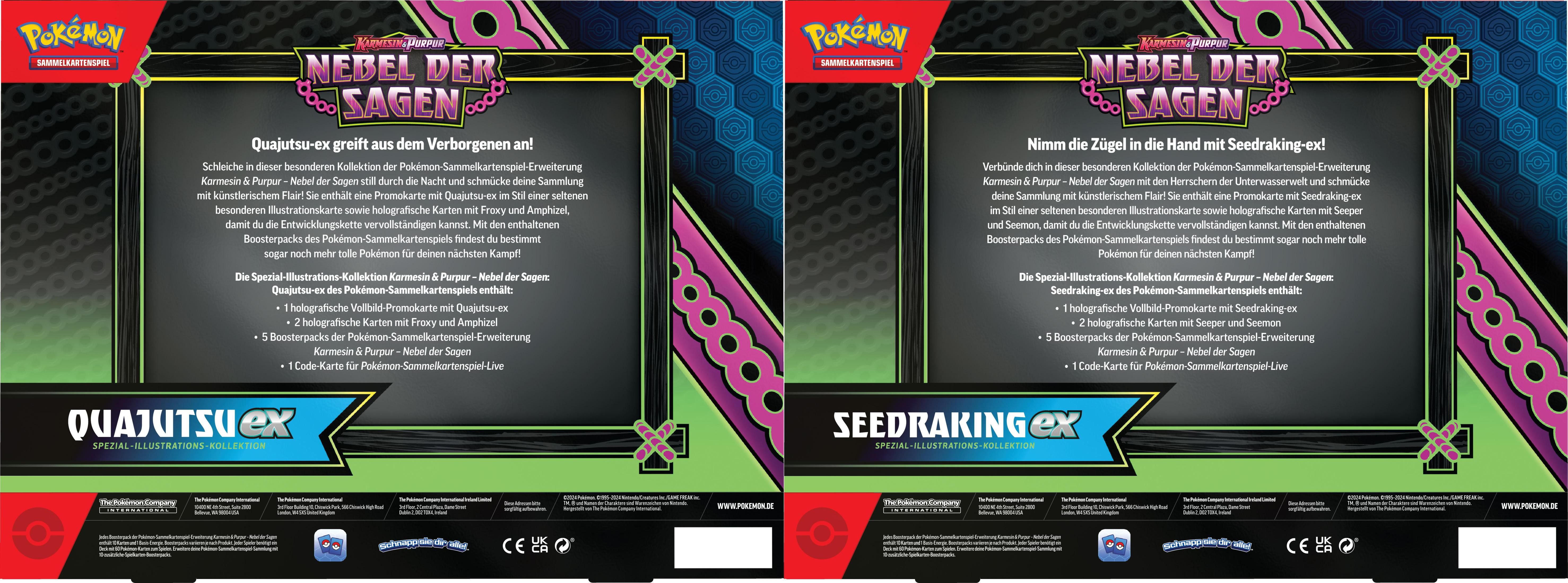 Zwei Sammelkartenpackungen. Jede Packung enthält Text und Bilder zu Pokémon-Karten.