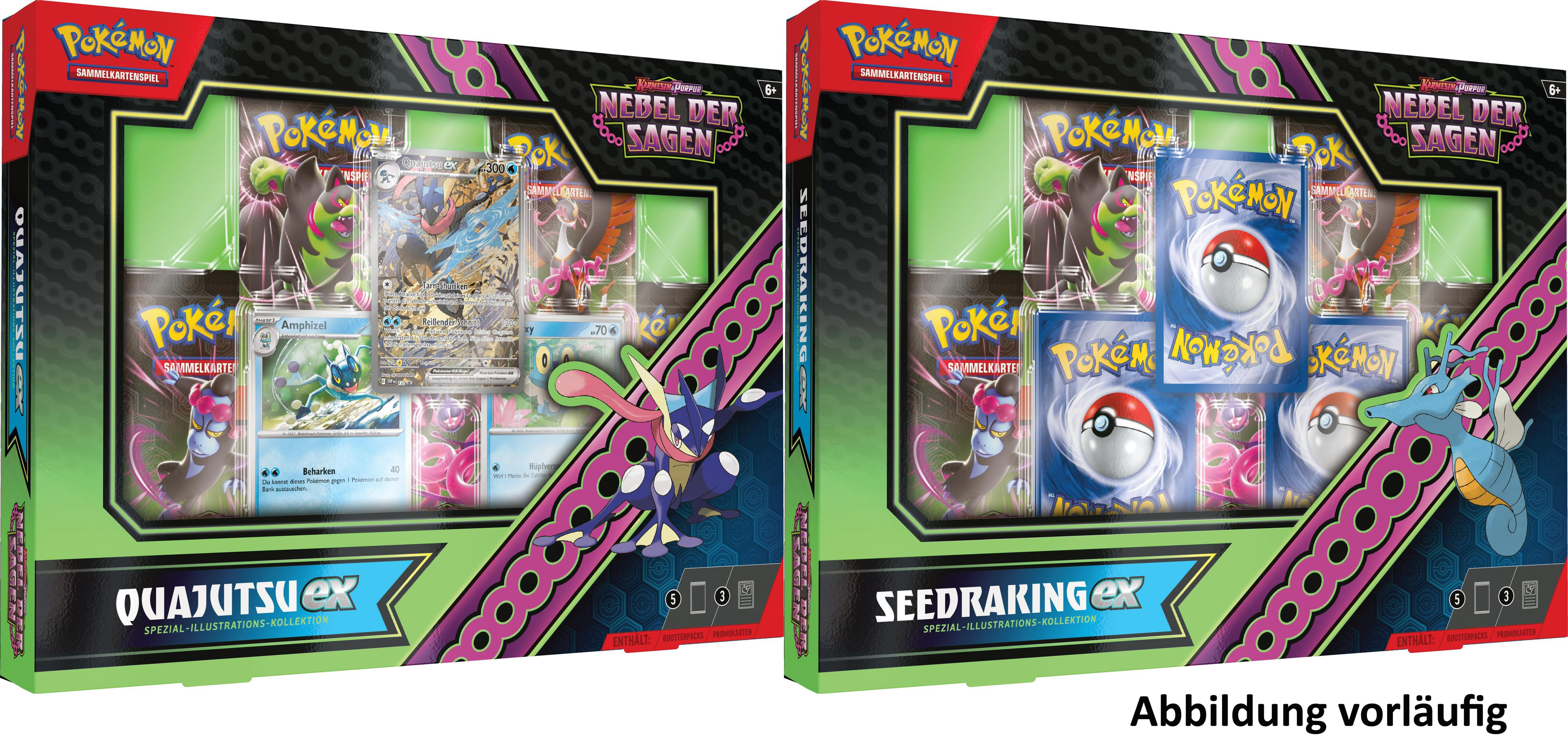 Zwei Pokémon-Kartenboxen. Grün-rosa Design, Charakterbilder.