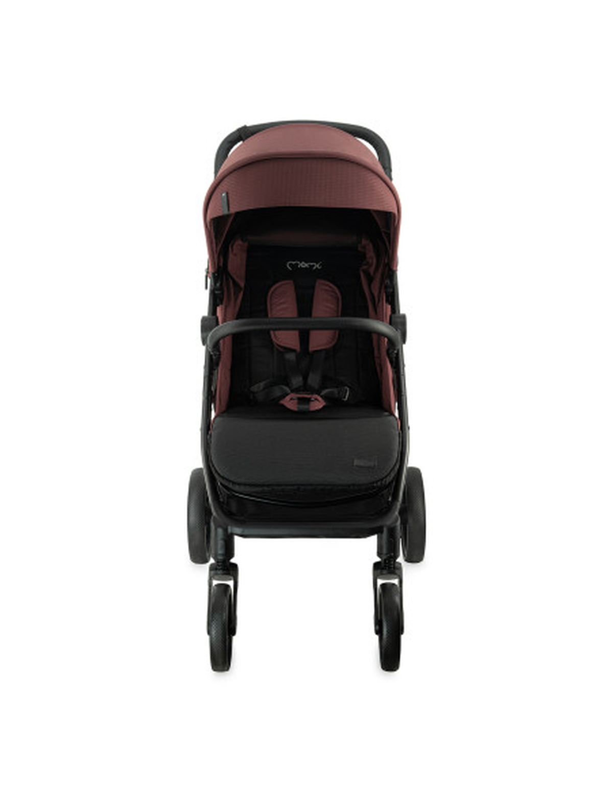 Ein weinroter Kinderwagen mit schwarzem Gestell und Rädern. Sitz und Verdeck sind weinrot.