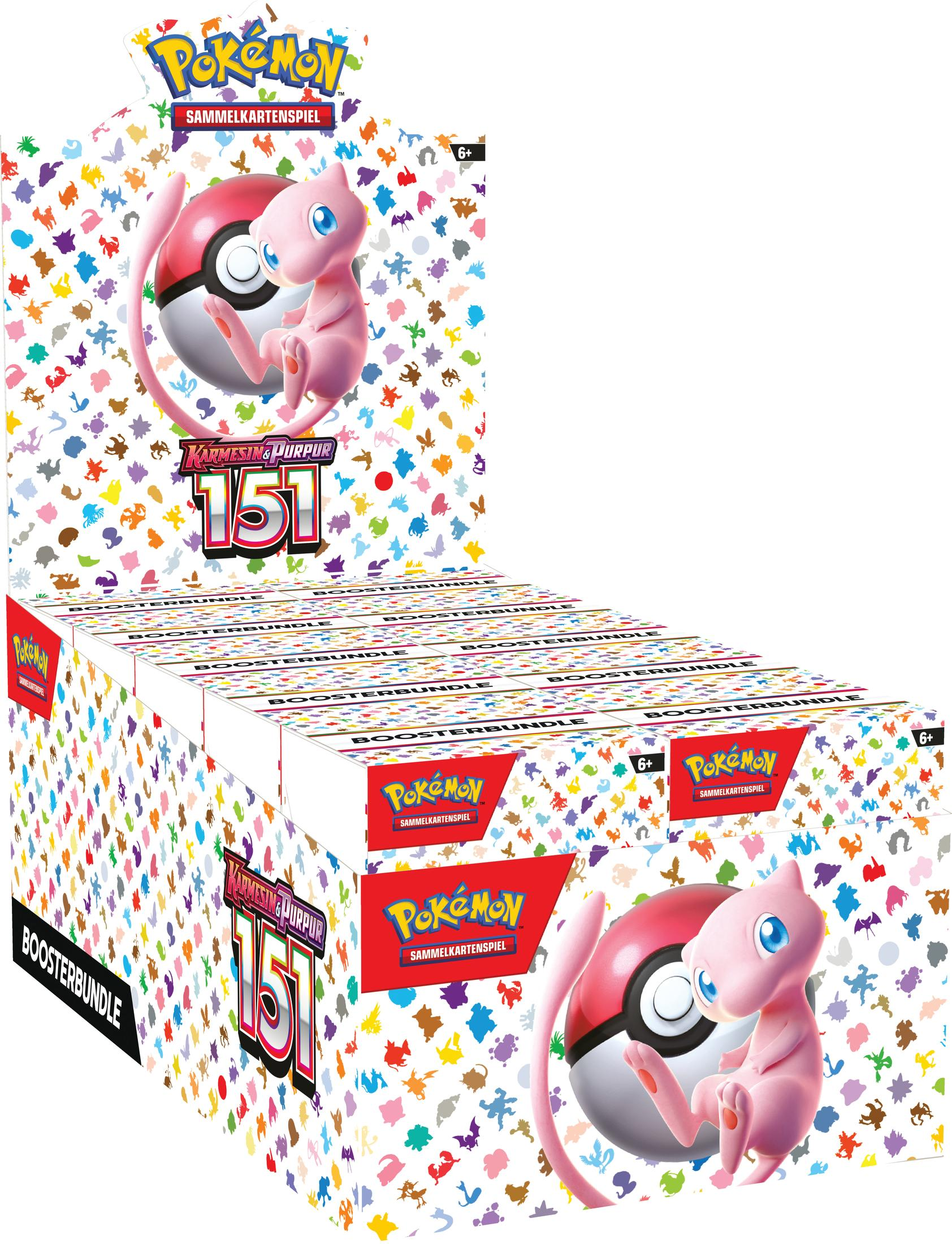 Pokemon Booster Box. Die Box zeigt ein pinkes Mew und einen Pokéball. Enthält den Text: Karmesin & Purpur 151.