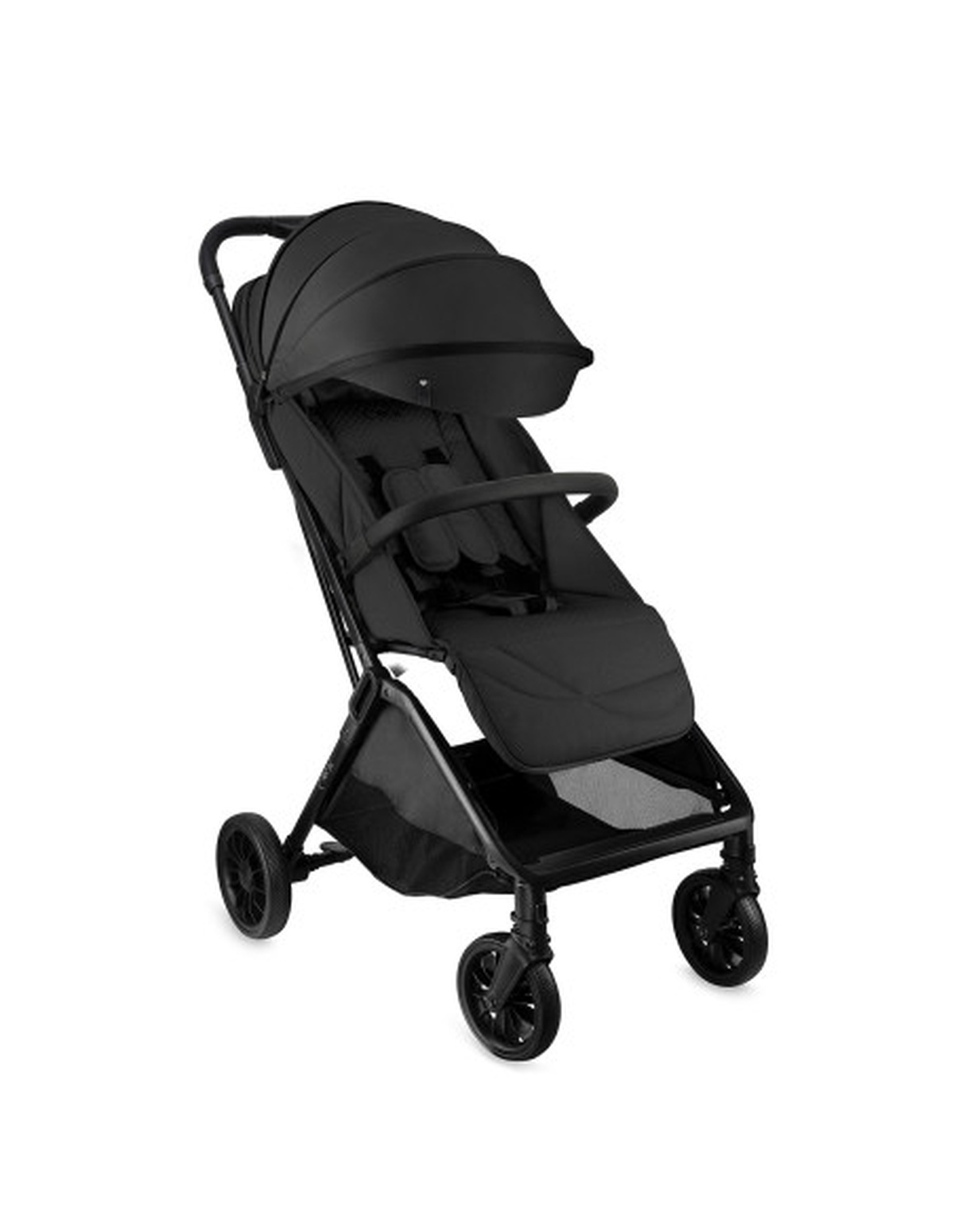 Schwarzer Kinderwagen auf weißem Hintergrund. Er hat ein Sonnensegel, einen Sitz und Räder. Es ist alles schwarz.