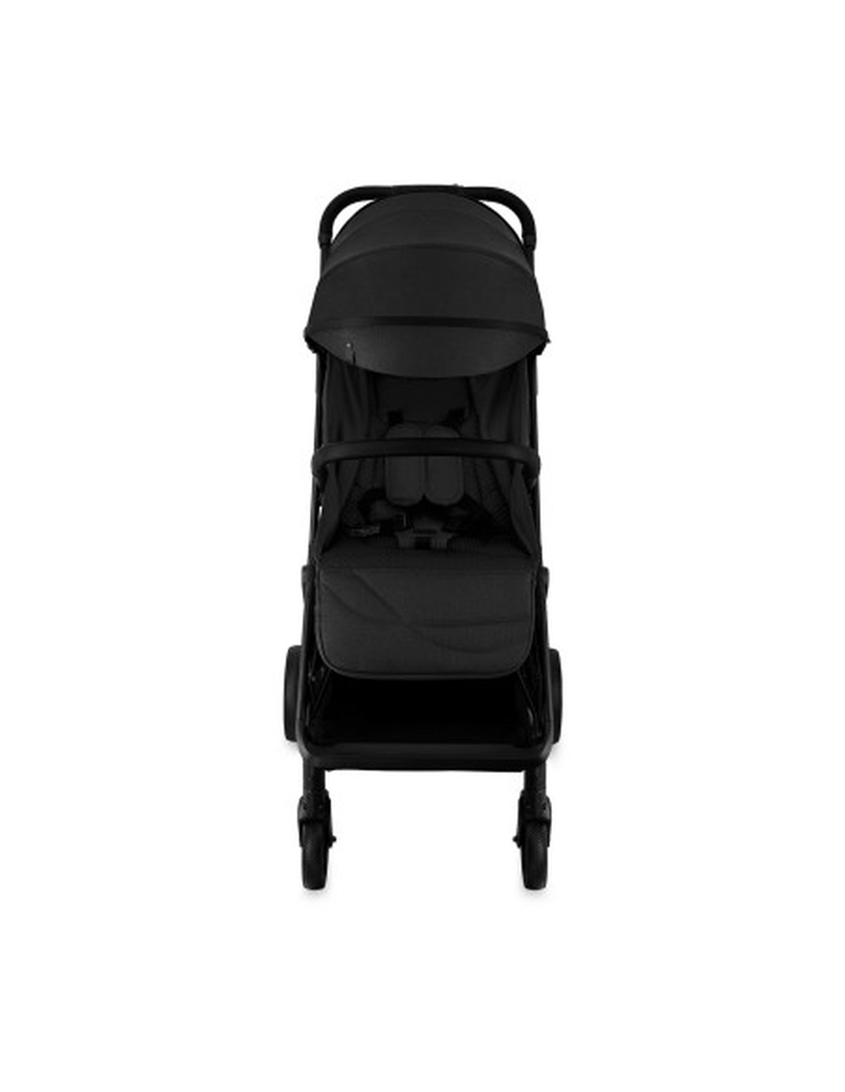 Schwarzer Kinderwagen, Vorderansicht. Hat ein Verdeck und einen Ablagekorb. Räder sind schwarz.