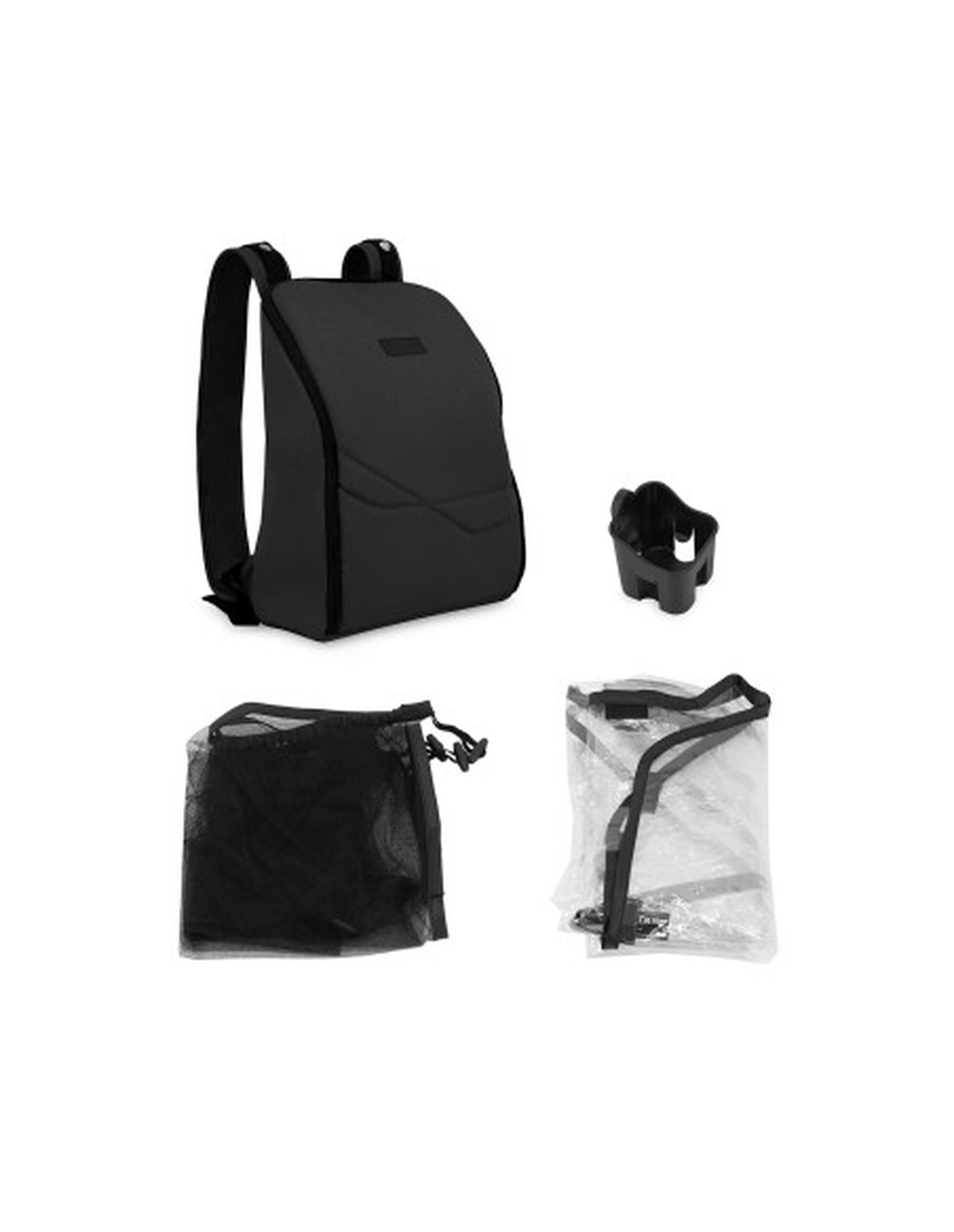 Schwarzer Rucksack mit Zubehör: Flaschenhalter, Regenschutz und Netzbeutel.