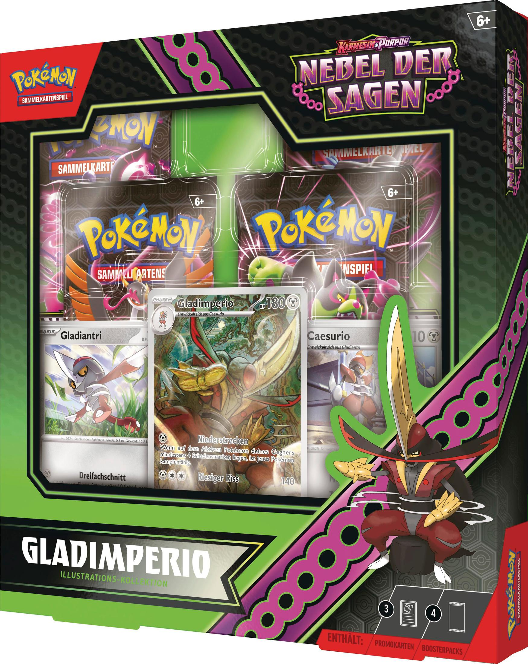 Pokemon TCG Box mit Karten, Illustrationen und Text.