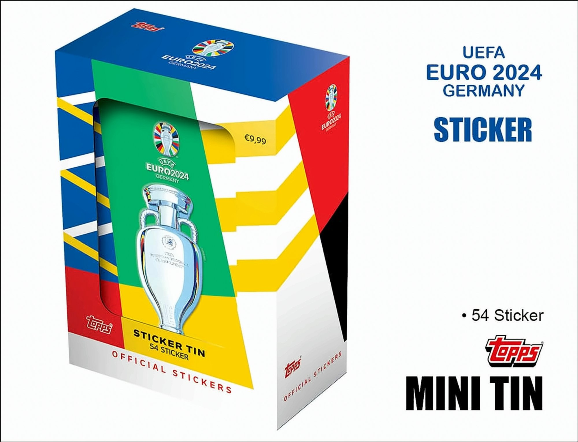 UEFA Euro 2024 Deutschland Sticker Mini-Blechdose, mit Trophäenillustration und Preisschild.