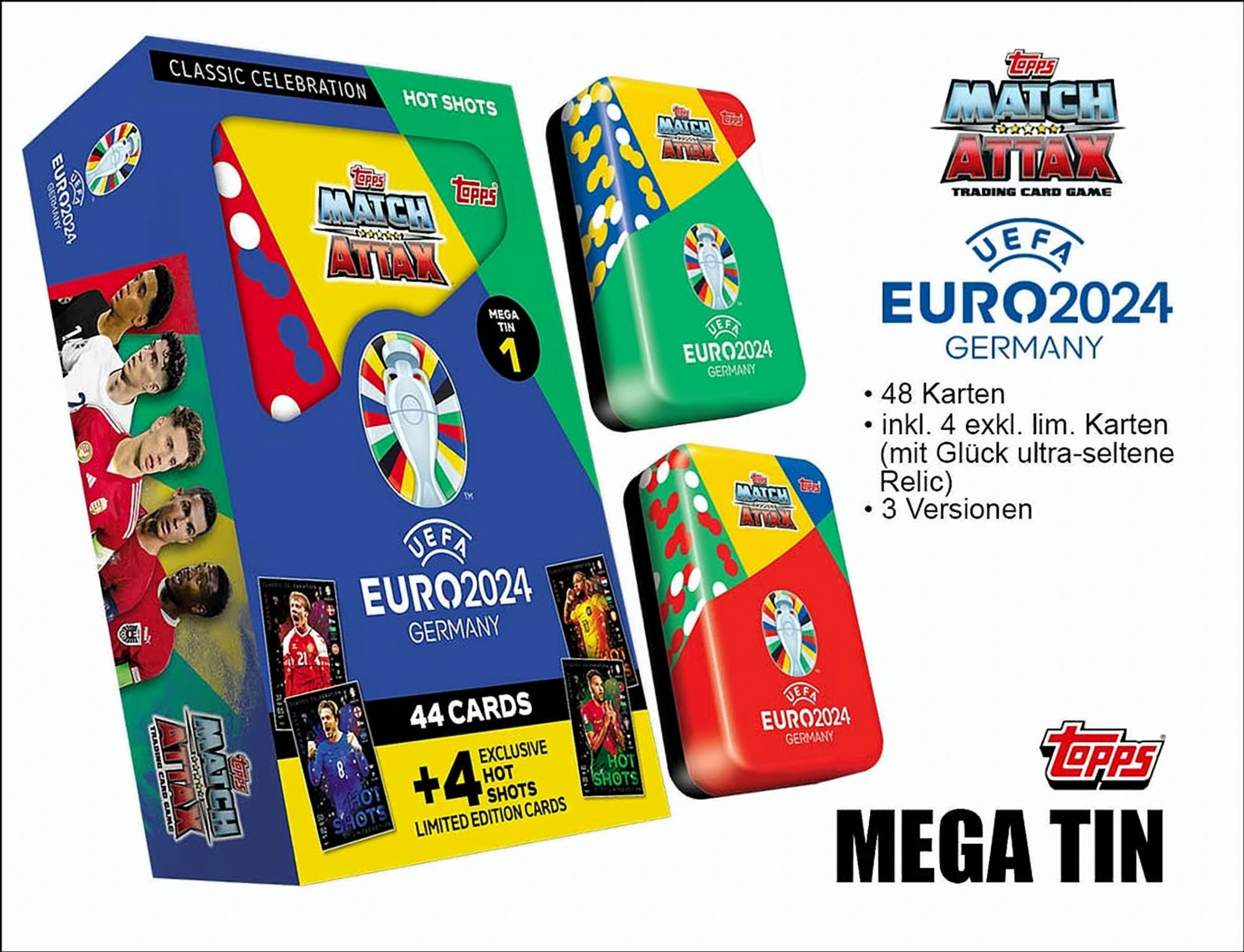Topps Match Attax Euro 2024 Germany Kartenspielbox und -dosen auf weißem Hintergrund.