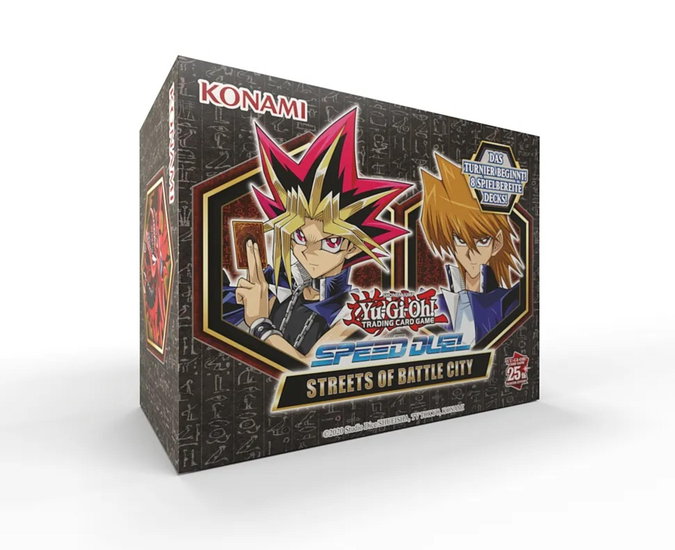 Yu-Gi-Oh!-Kartenbox mit Yugi und Joey, mit braunem Hintergrund.