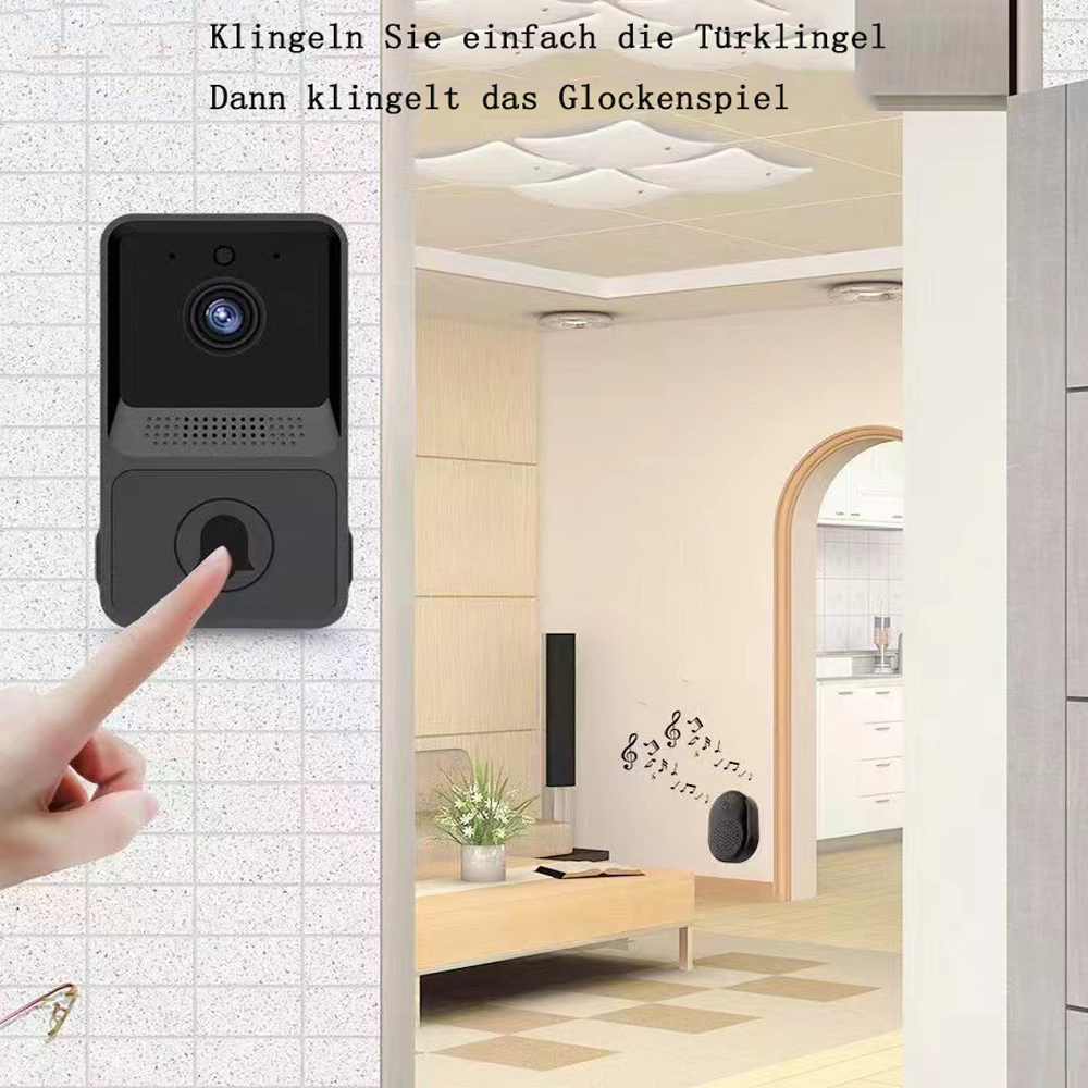 Eine intelligente Türklingel an einer gefliesten Wand, ein Finger drückt den Knopf, und ein Wandgong ist sichtbar.
