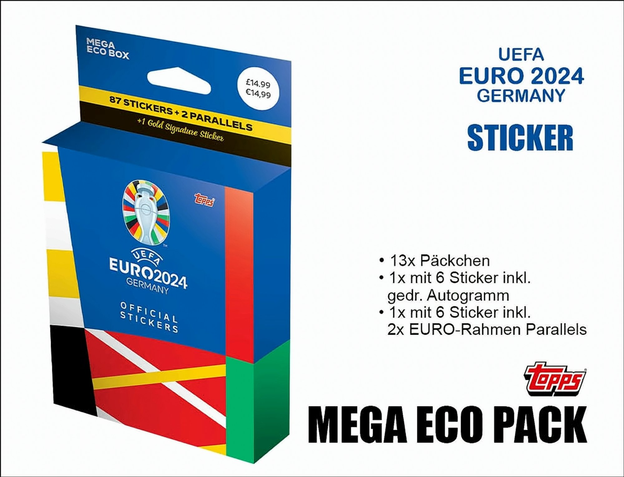 Mega Eco Pack mit UEFA Euro 2024 Stickern. Box mit Stickern und Details auf Deutsch.